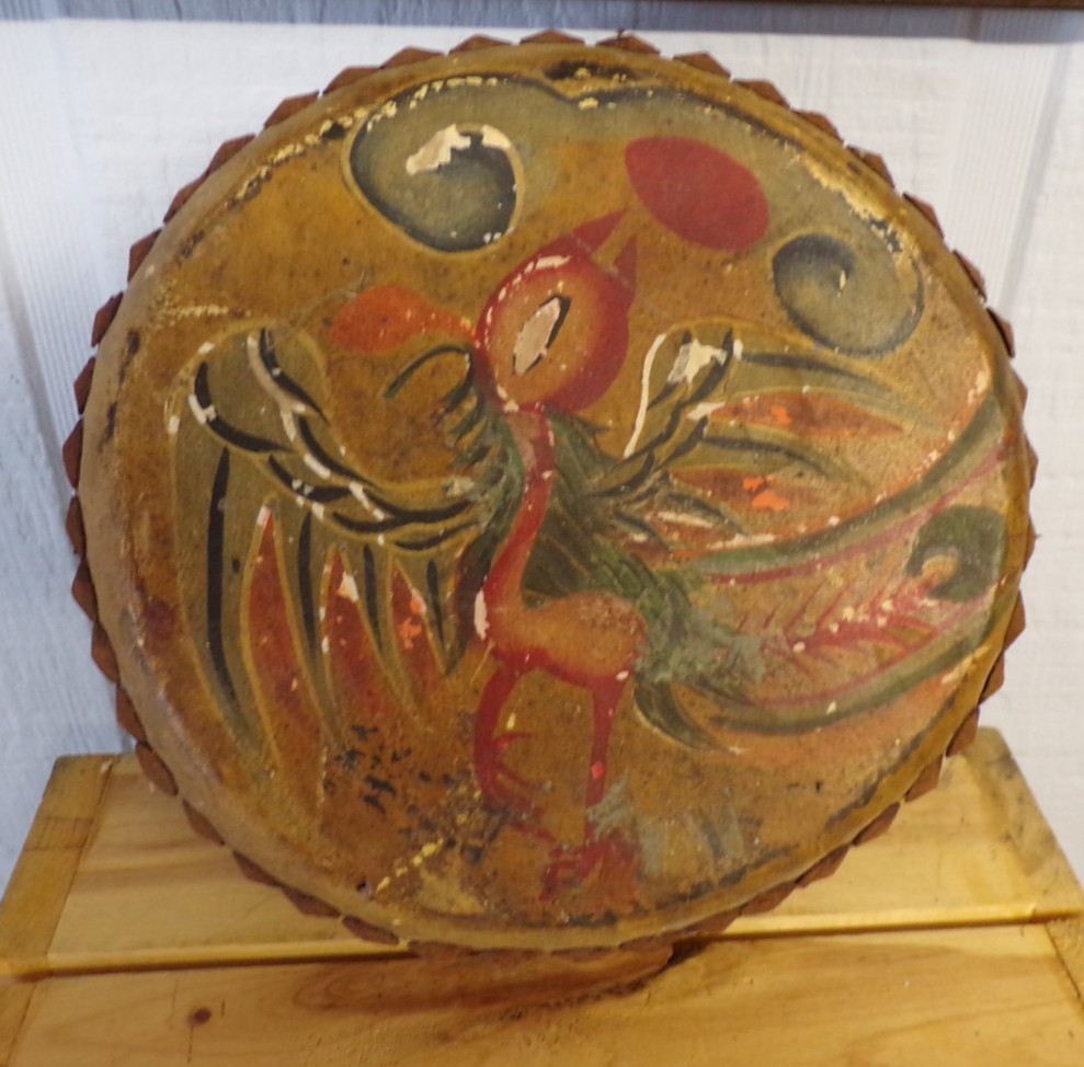 Chinese Leather Drum Rustic Tack Head Tom Tom Hand Painted Dragon Bird 10.5″