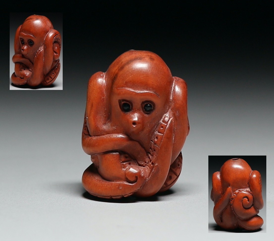 Netsuke Octopus Japanese Boxwood carved Antique Edo Era Ojime Inro 0028