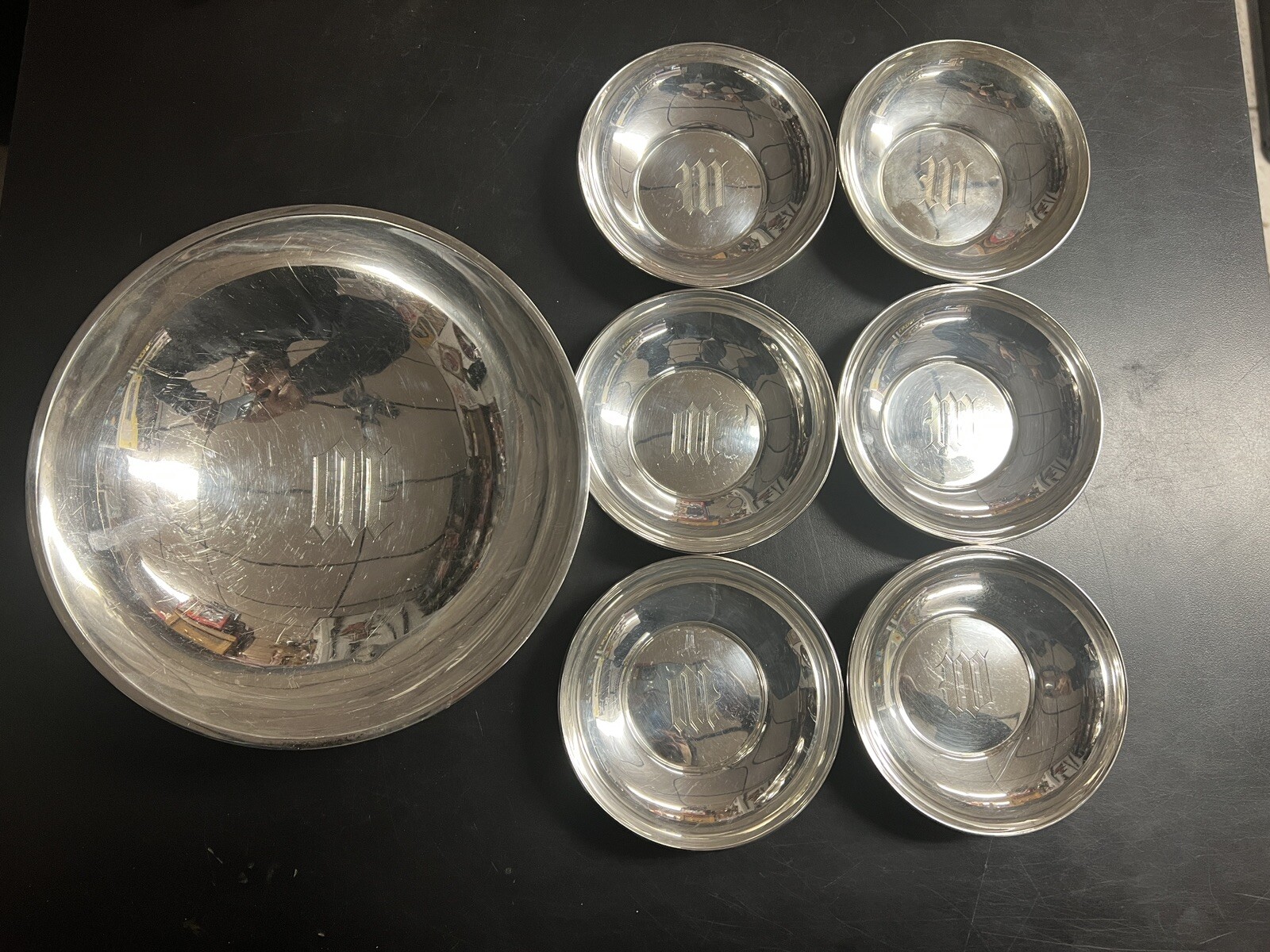 Antique FRANK W SMITH .925 STERLING SILVER 7pc BOWL SET 3603 3022 Not Scrap 870g