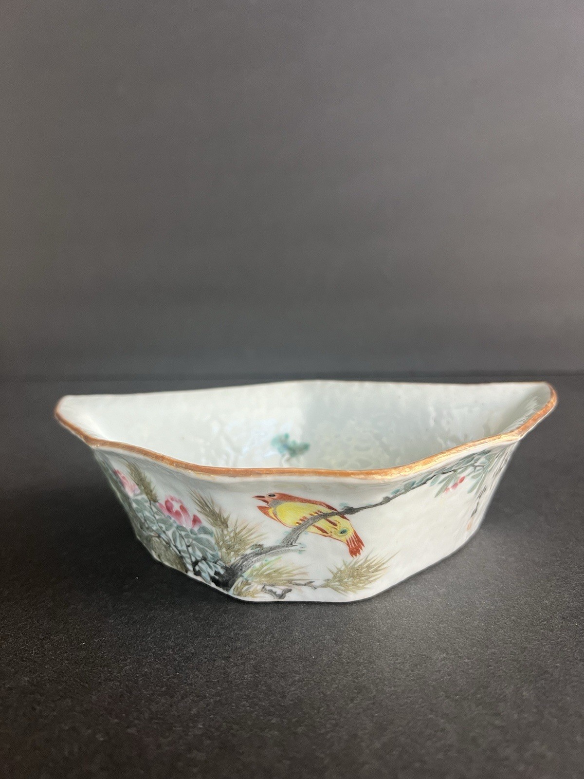 19th C Chinese Famille Rose Floral Bird Dish Angular Shape Late Qing