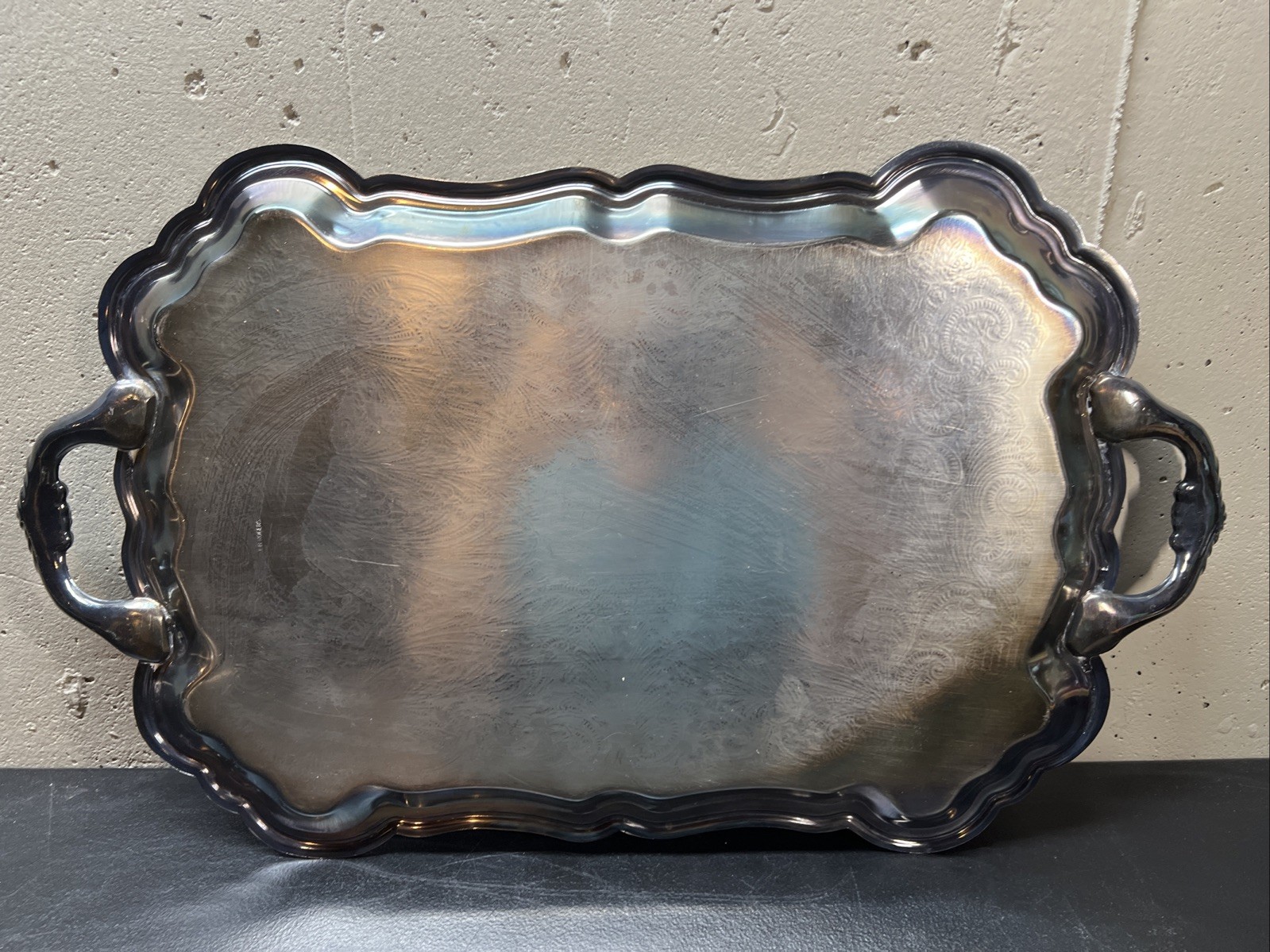 F B ROGERS Silver Plate Tray 23”x 13” & ONEIFA SALT PEPPER SHAKER & LEONARD CUP￼