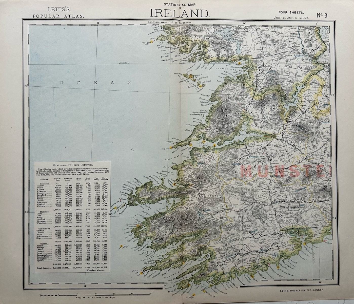 1883 Southwest Ireland Original Antique Colour Map by Letts