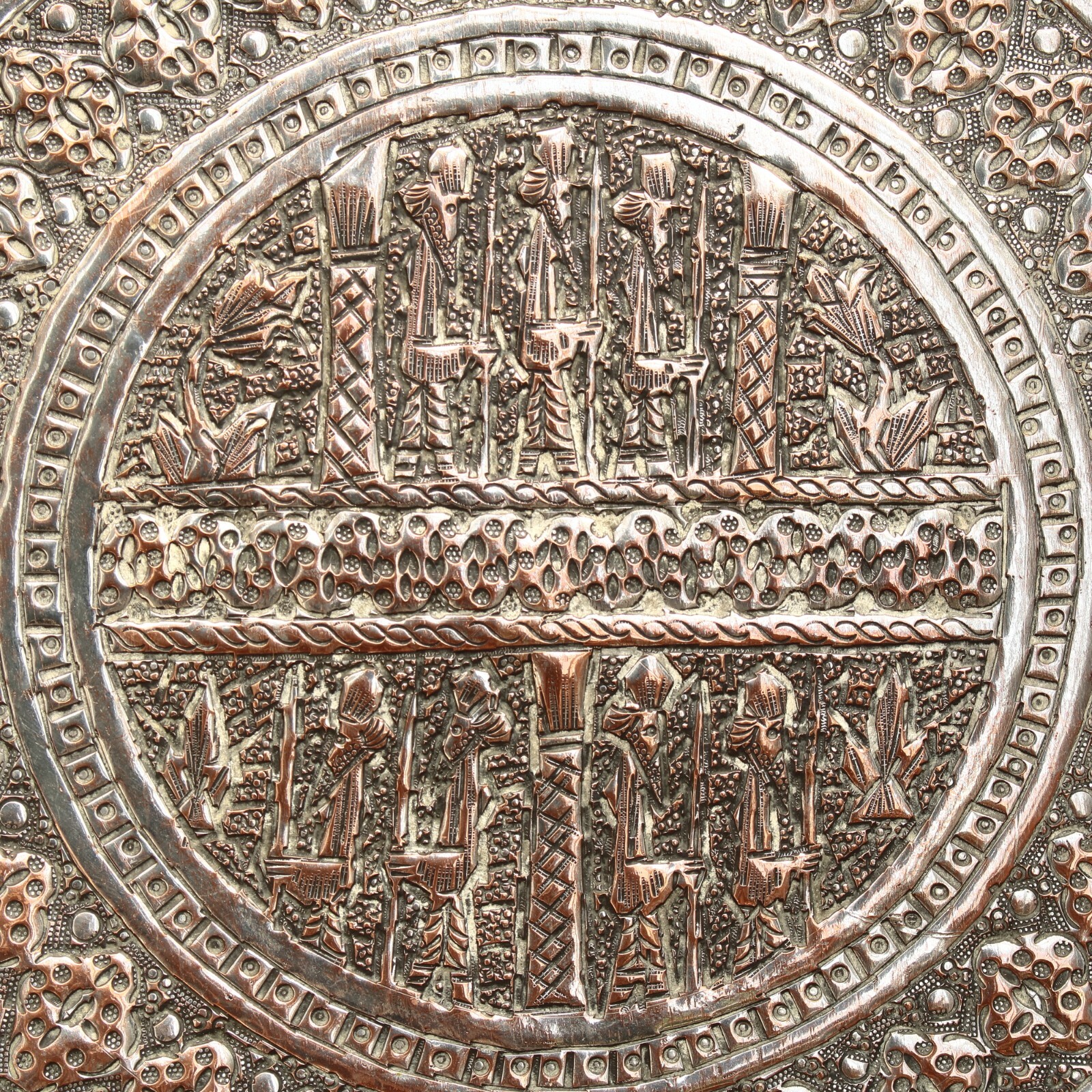 Middle Eastern Tinned Copper Tray Hand Hammered Decorations, 39cm Wide