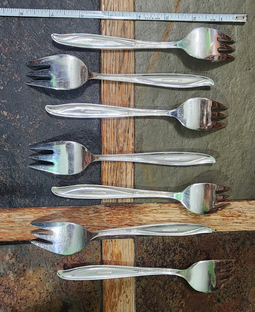 ✅ LOT OF 7 MID CENTURY c1958 WOODSONG SILVERPLATED “6 5/8” SALAD 🥗🍅 FORKS