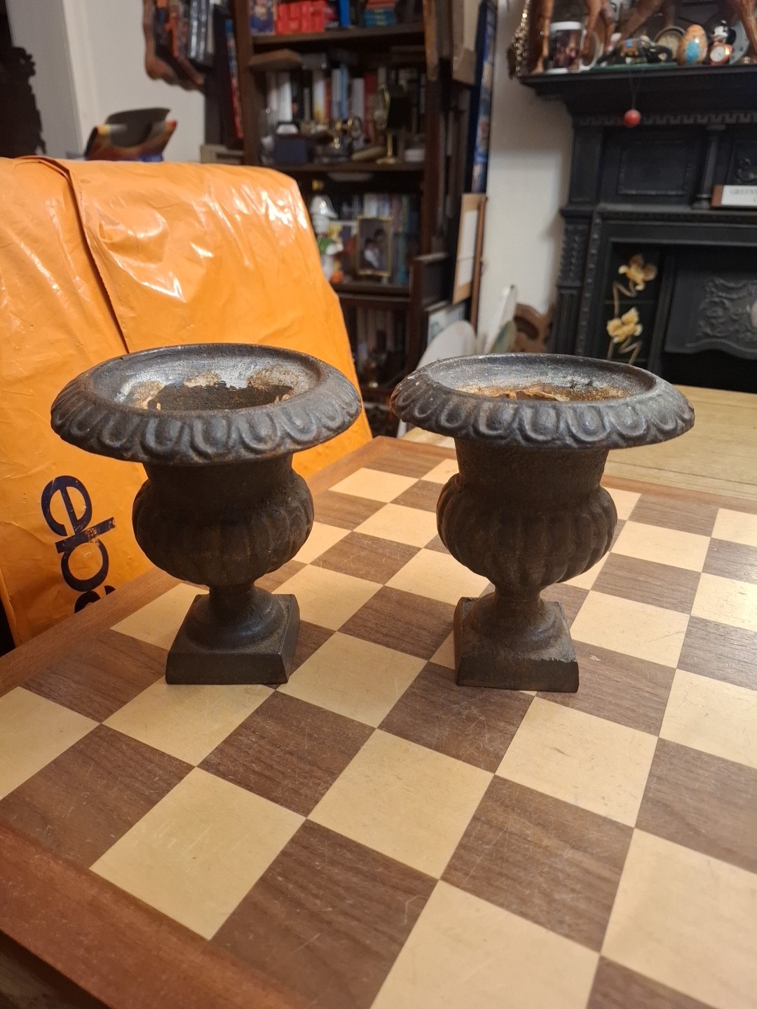 Pair Of Small Miniature Antique Victorian Cast Iron Urns Planters 15cm 1.6kg Eac