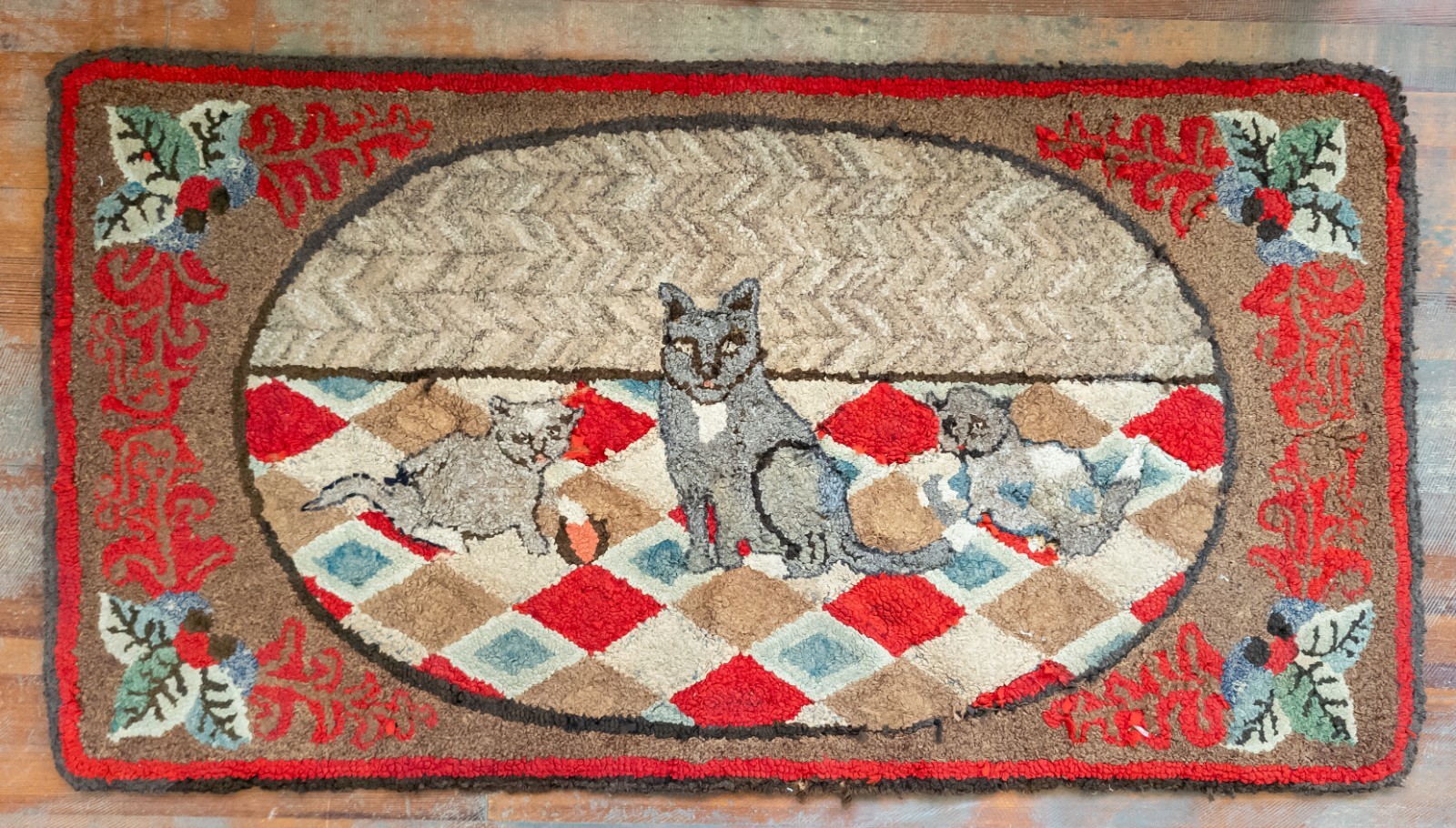 Antique 19/20th C. Folk Art Hooked Rug Cat with Kittens Frost Pattern As Is