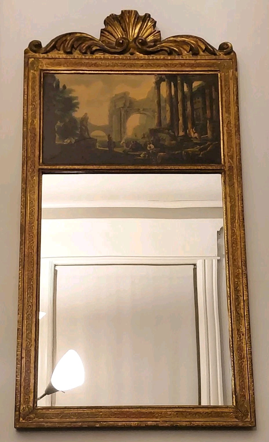Vintage Italian Trumeau Wall Mirror Gold Tone Carved Wood w/ Litho Art Print