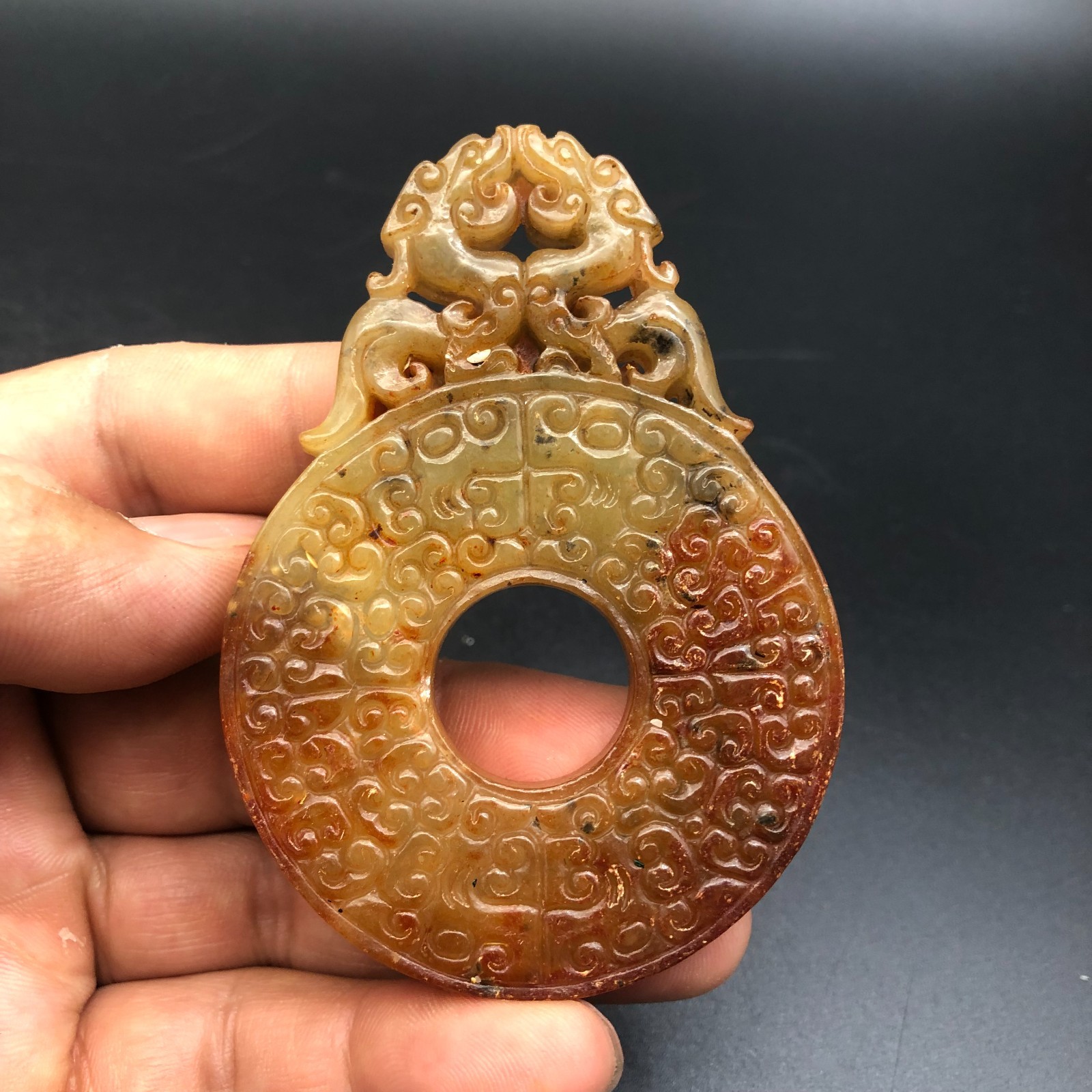 Old “HongShan”Culture Jade Carved Fengshui Dragon YuBi Amulet Pendant,C185