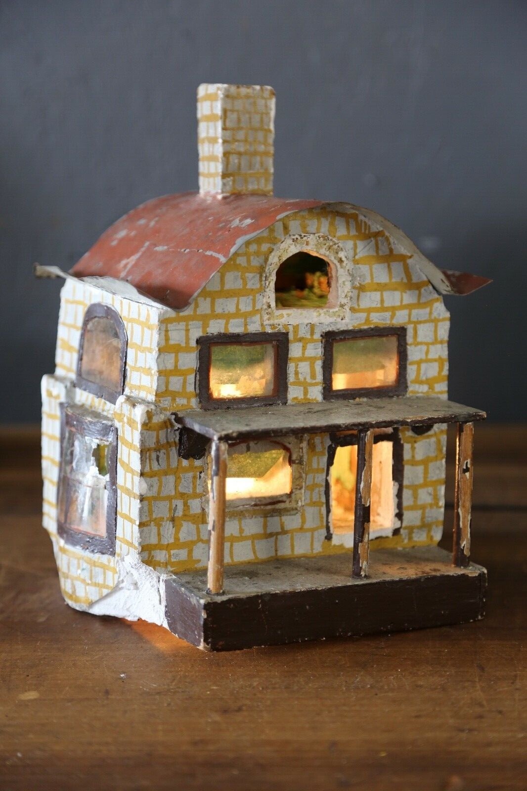 antique train layout cigar box folk art house light Lamp miniature diorama