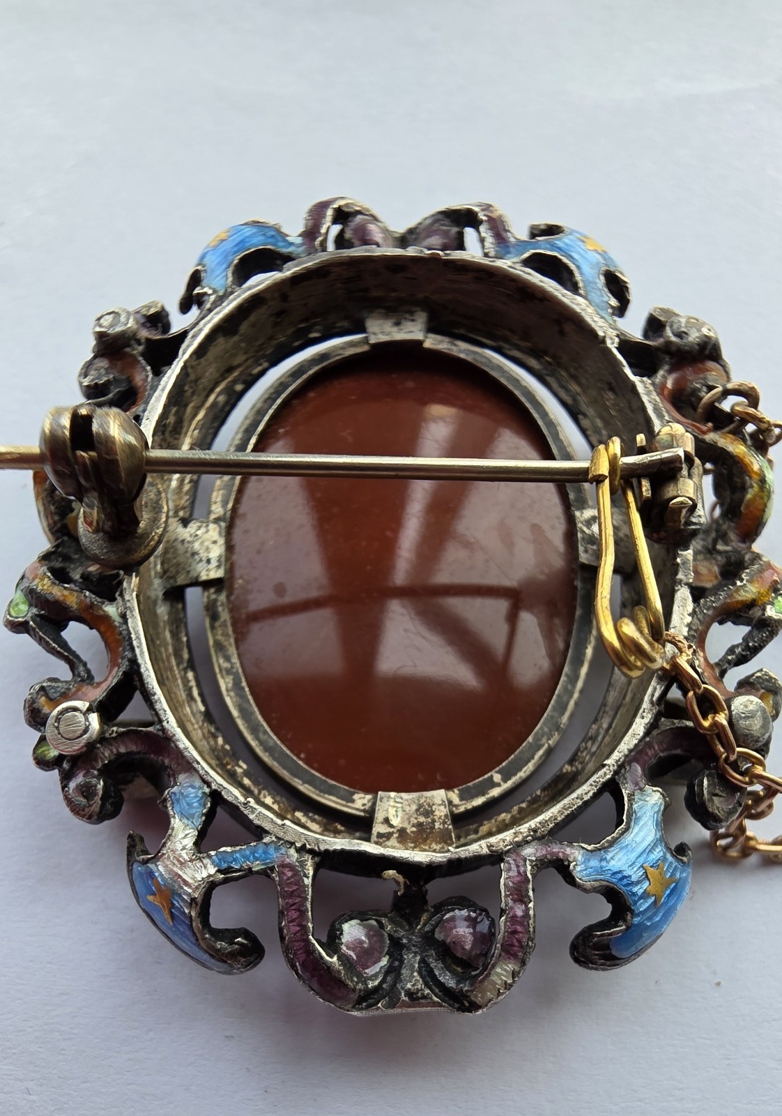 Unusual 19thc Sardonyx hardstone cameo and enamel brooch