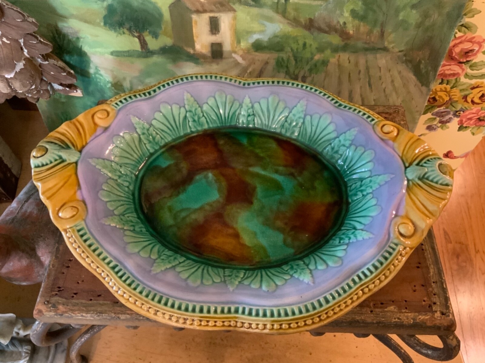 Large Antique Green Brown Purple & Gold Majolica English Bowl