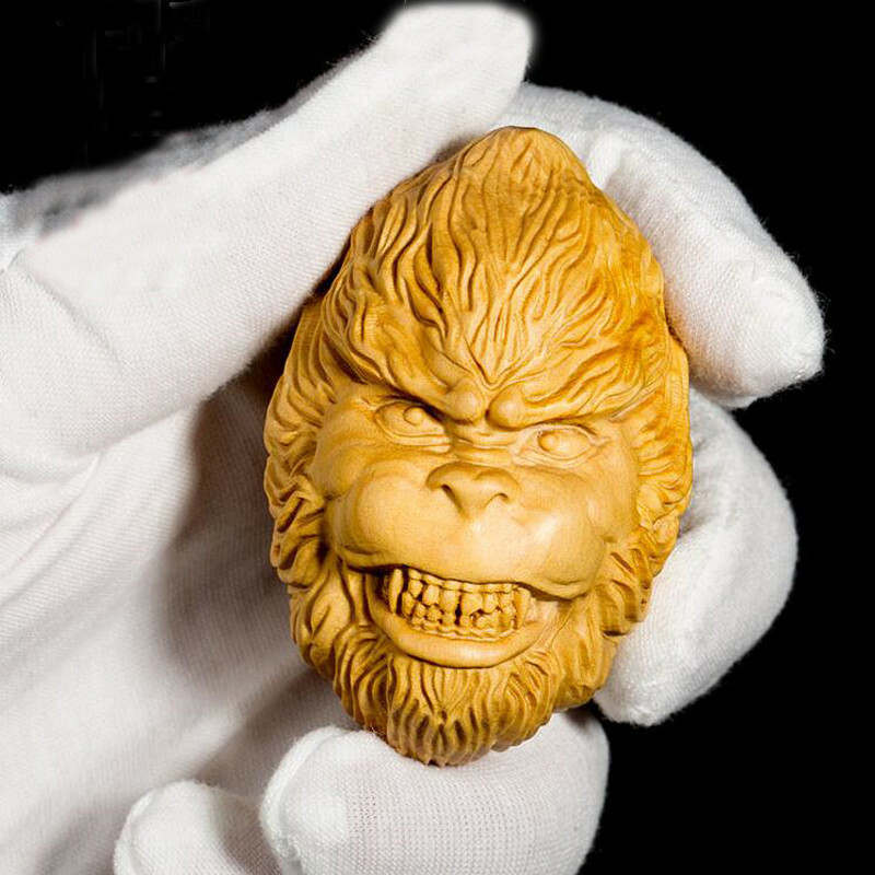 6cm Boxwood Wood Carving The Monkey King Buddha Head Statue C Style Sculpture