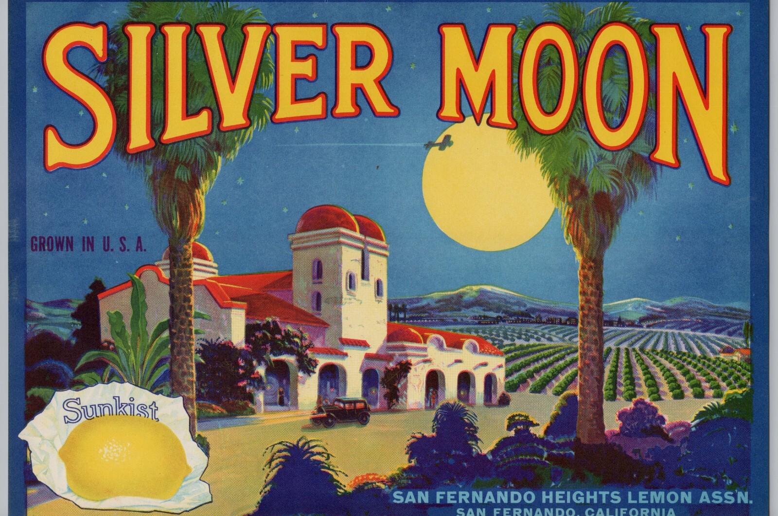 Silver Moon Lemon, Vintage Mid-Century Fruit Crate Label, Mission, Cool Art A2