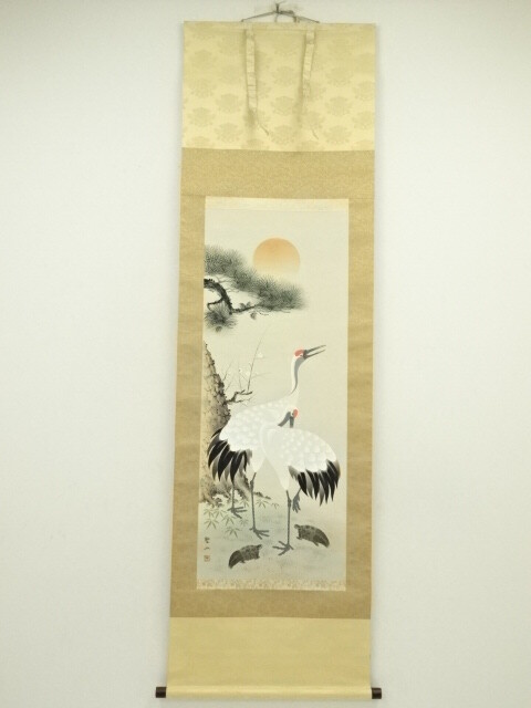 6929972: JAPANESE HANGING SCROLL / HAND PAINTED / CRANE & TURTLE
