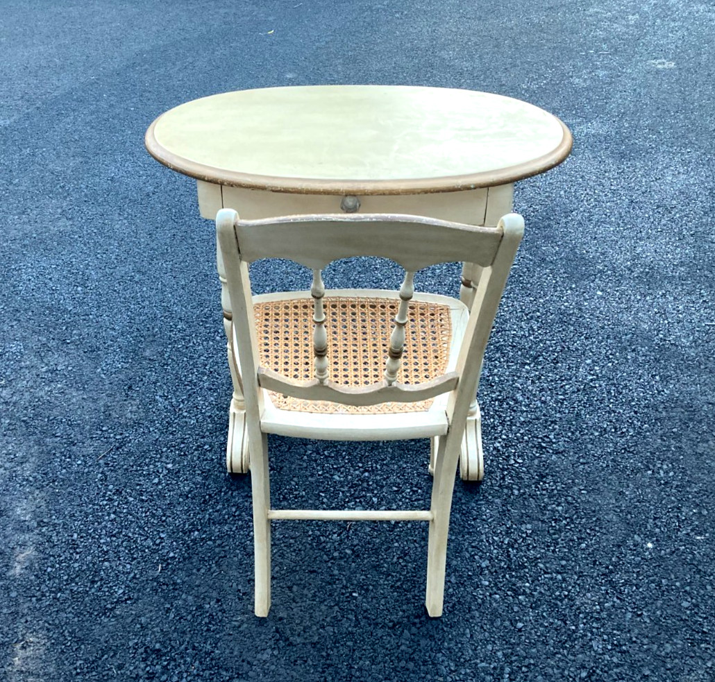 Antique French Provincial Oval Table with Drawer + Cane Seat Chair – Rare!