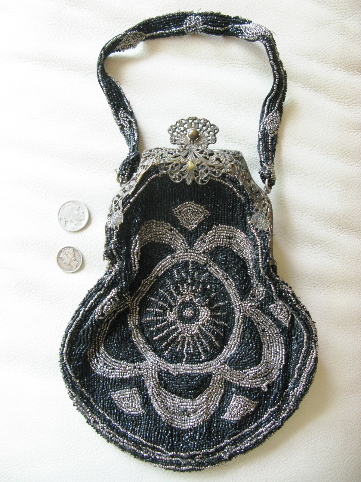 Antique Floral Filigree Frame Crochet Silver Steel & Black Micro Bead Purse