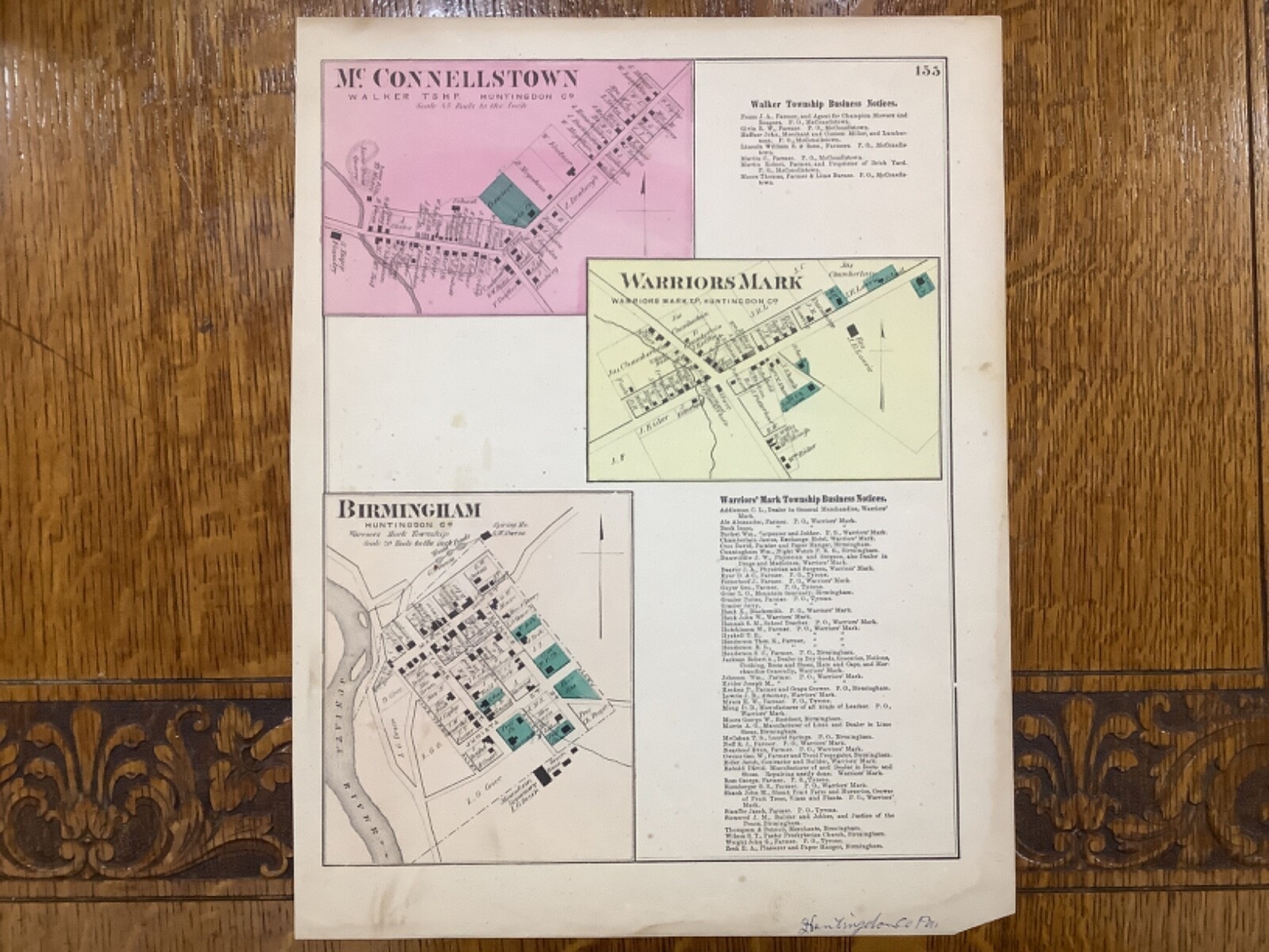 C. 1870s Hand-Colored Atlas Map Of McConnelstown & Birmingham, PA 15.25 x 12”