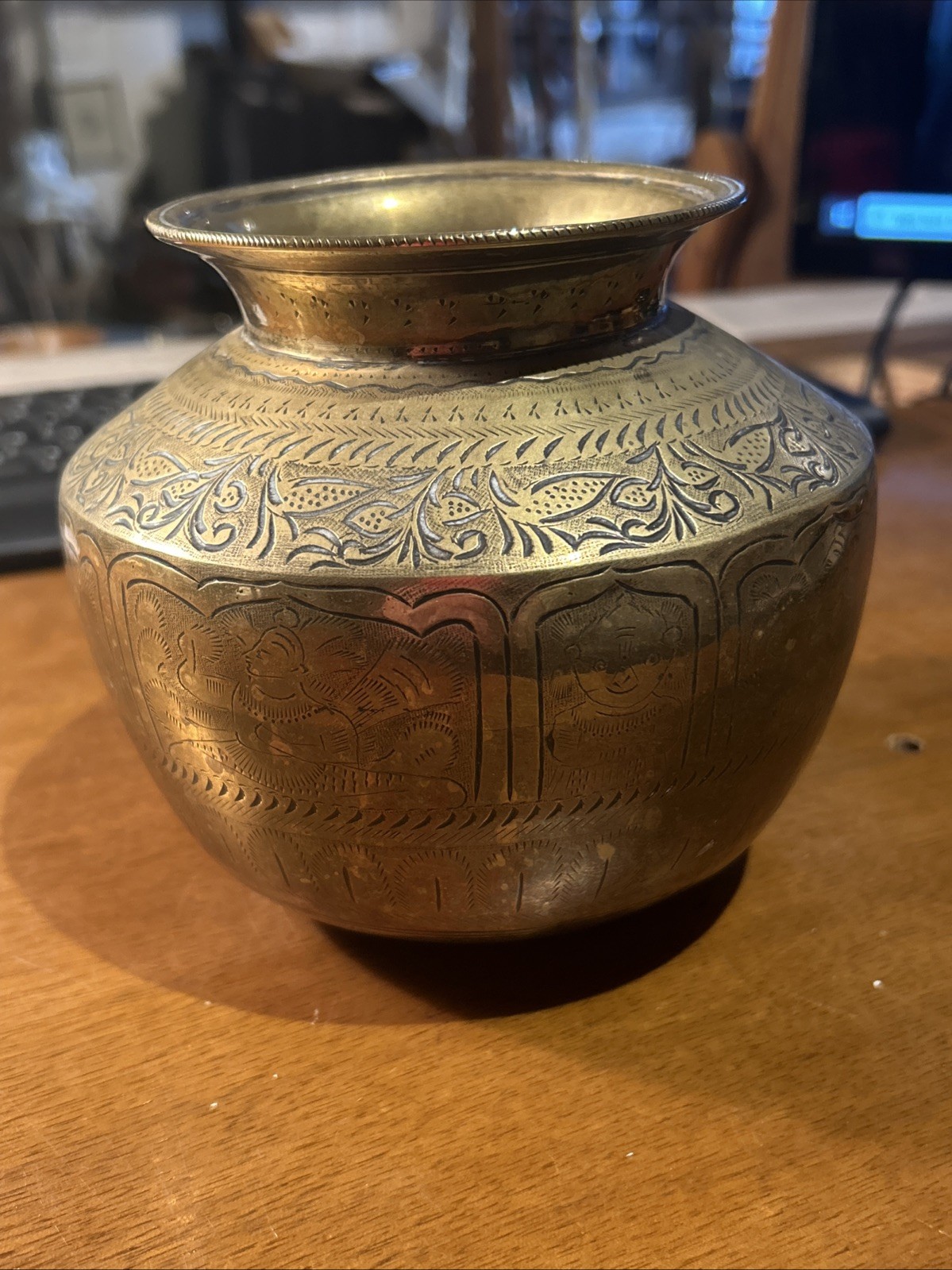 VINTAGE ANTIQUE HOLY WATER POT VARIOUS GODS BRASS BRONZE VESSEL VASE ROUND BASE