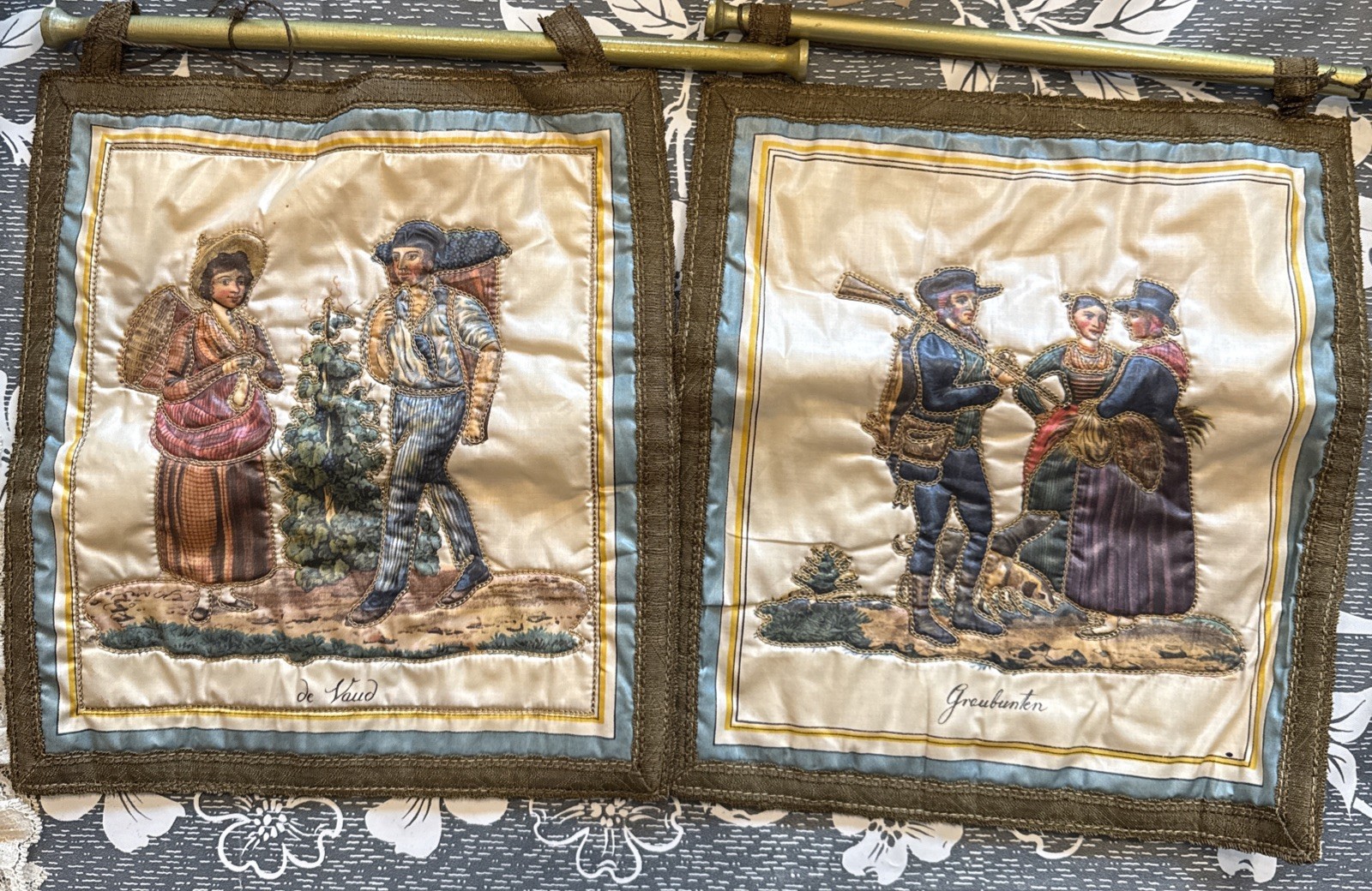 Expressly For Gimbels embroidered tapestry depicting historical figures.