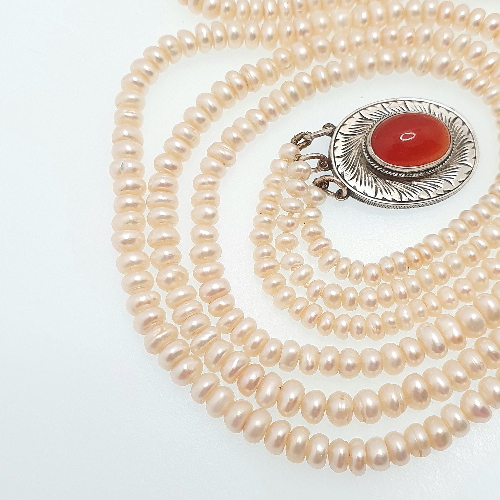 Antique Solid Silver Freshwater Pearl Necklace Large Carnelian Clasp Triple