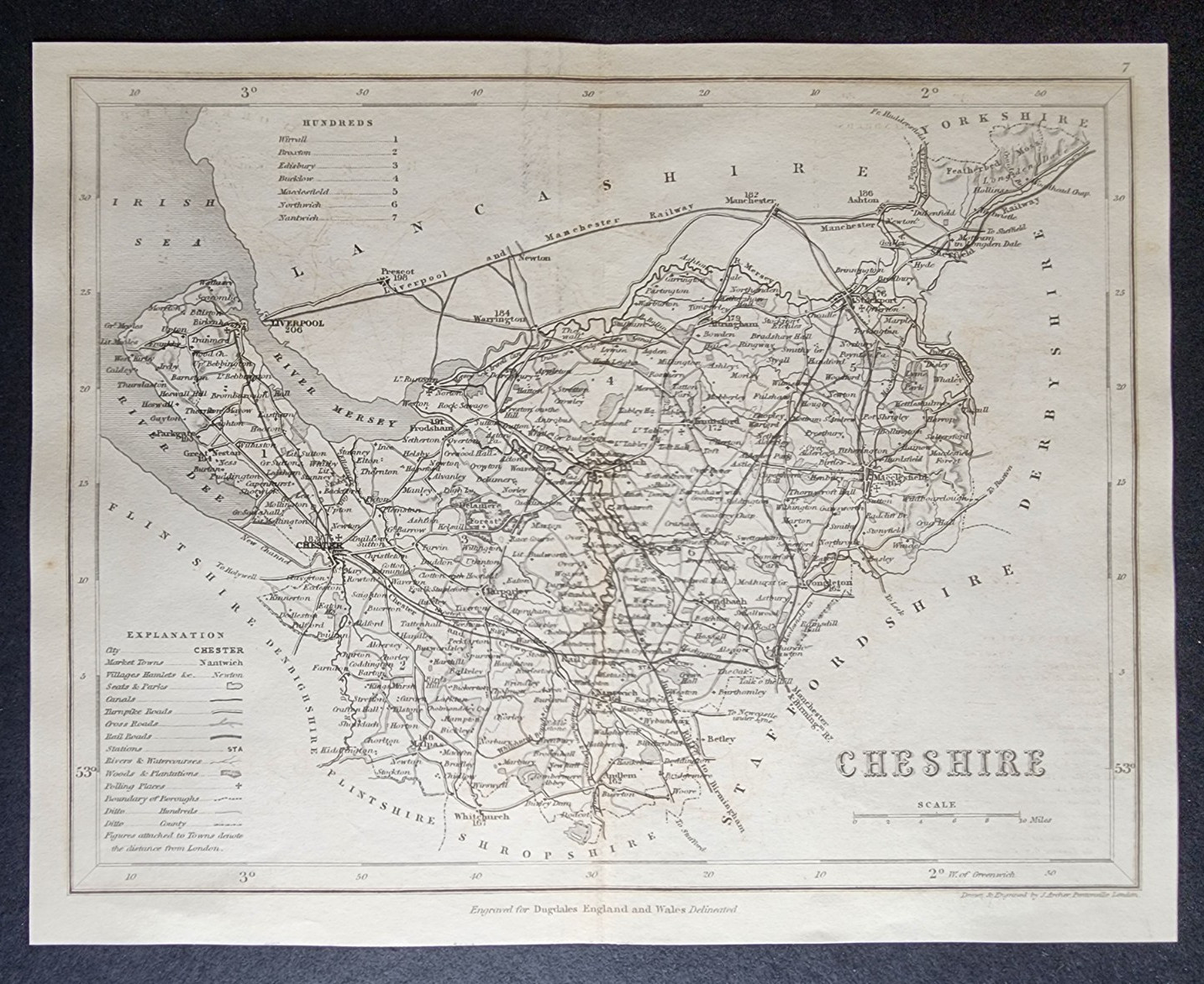 Antique c. 1850 county map – Cheshire – Joshua Archer – Chester – Wirral