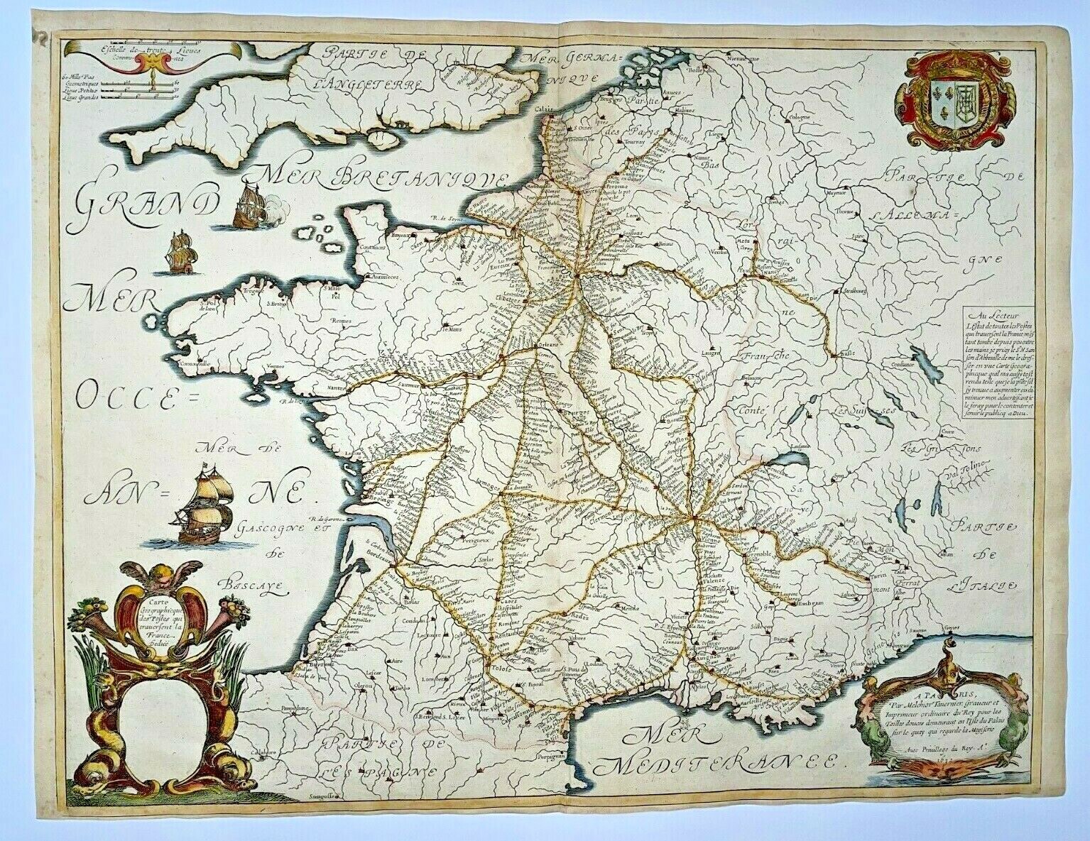 FRANCE POST ROADS 1632 NICOLAS SANSON LARGE ANTIQUE MAP 17TH CENTURY