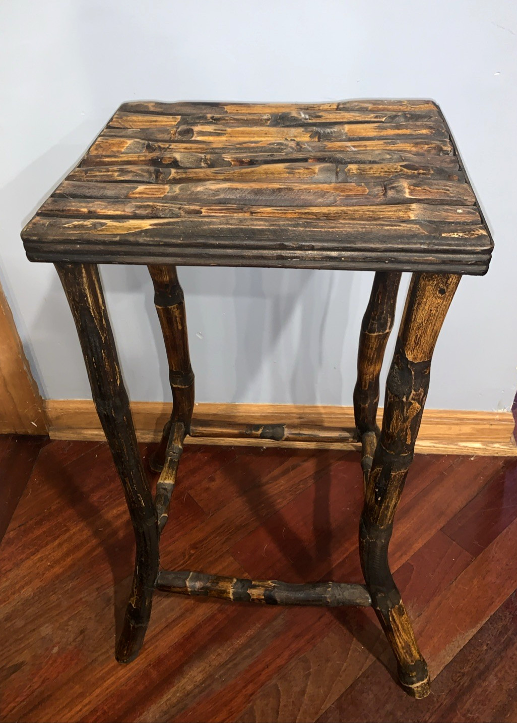 Vintage Burnt Bamboo Plant Stand Pedestal Side Table 23″ H 12″ X 10″ Top EUC