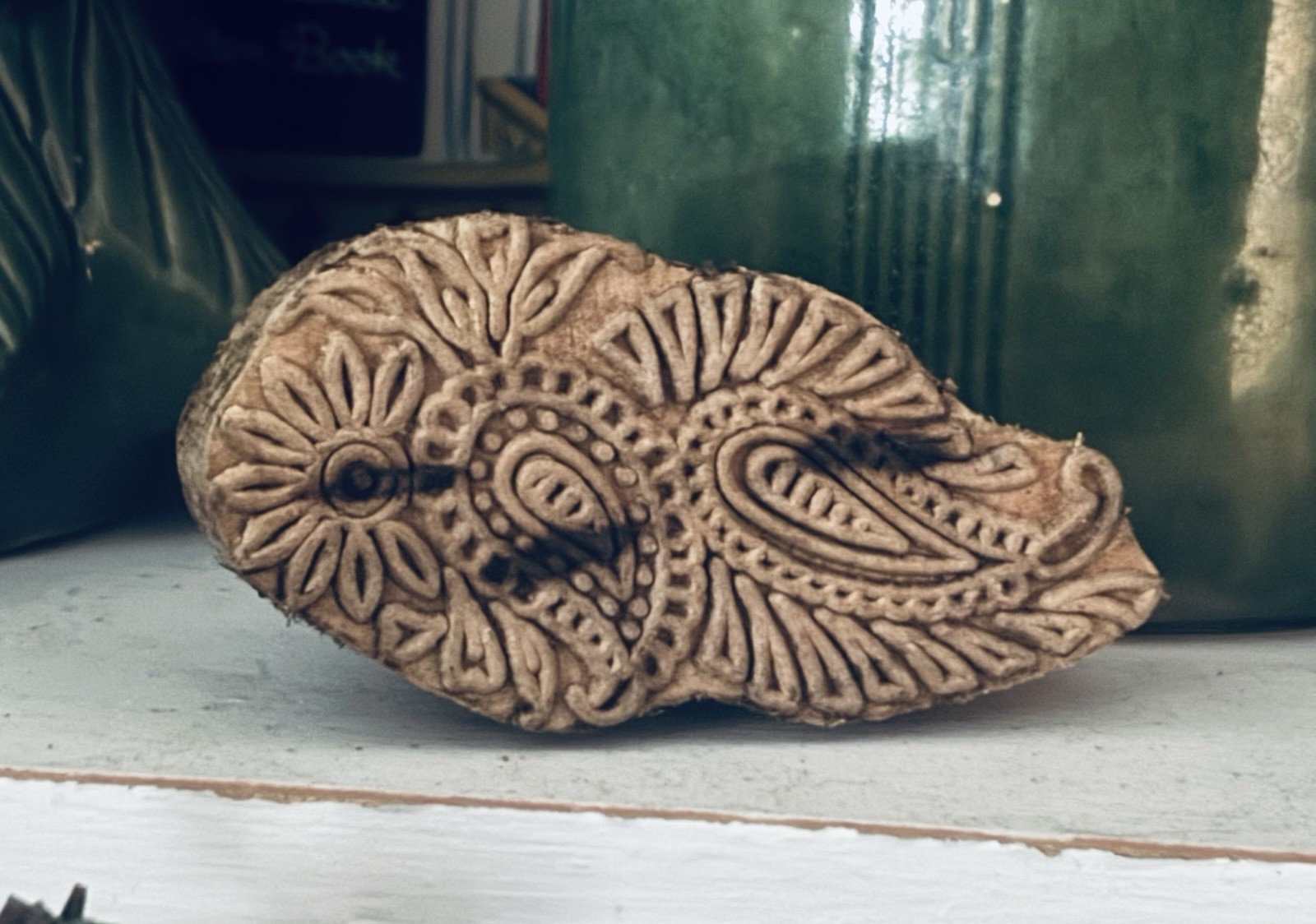 Primitive Paisley Sunflower Flower Design Wood Butter Mold Ink Stamp w Handle