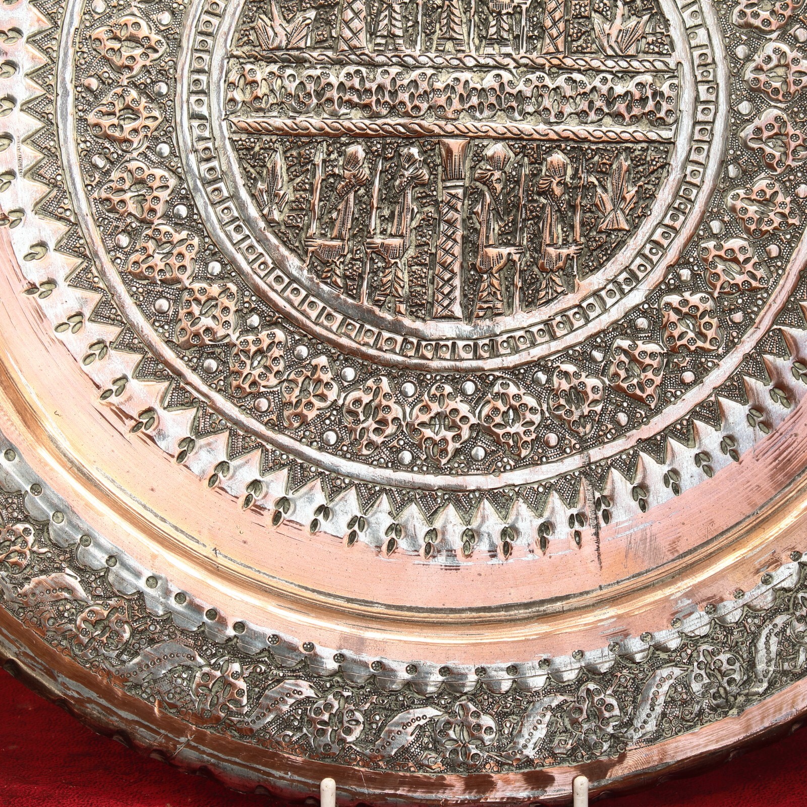 Middle Eastern Tinned Copper Tray Hand Hammered Decorations, 39cm Wide