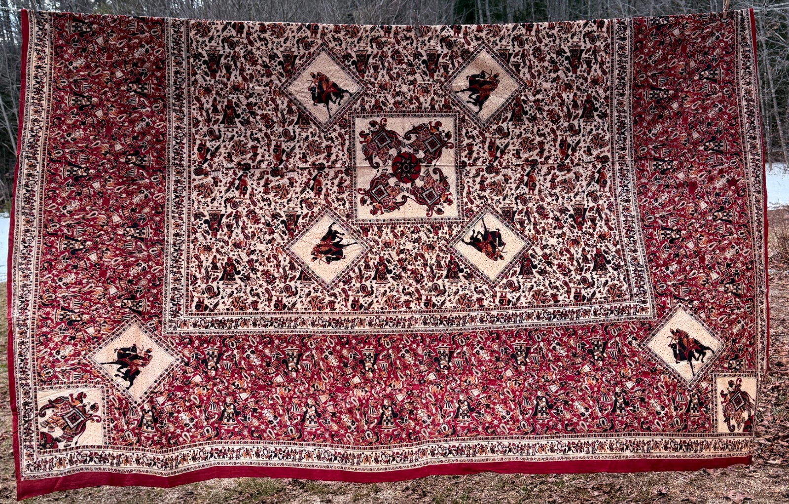 India Block Printed Cotton 100s of Figures Peacocks Bedspread Tablecloth Wall