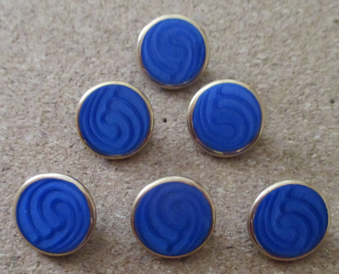 6 – Czech Glass Art Deco Swirl Design with Gold Border on Round Blue Buttons #44