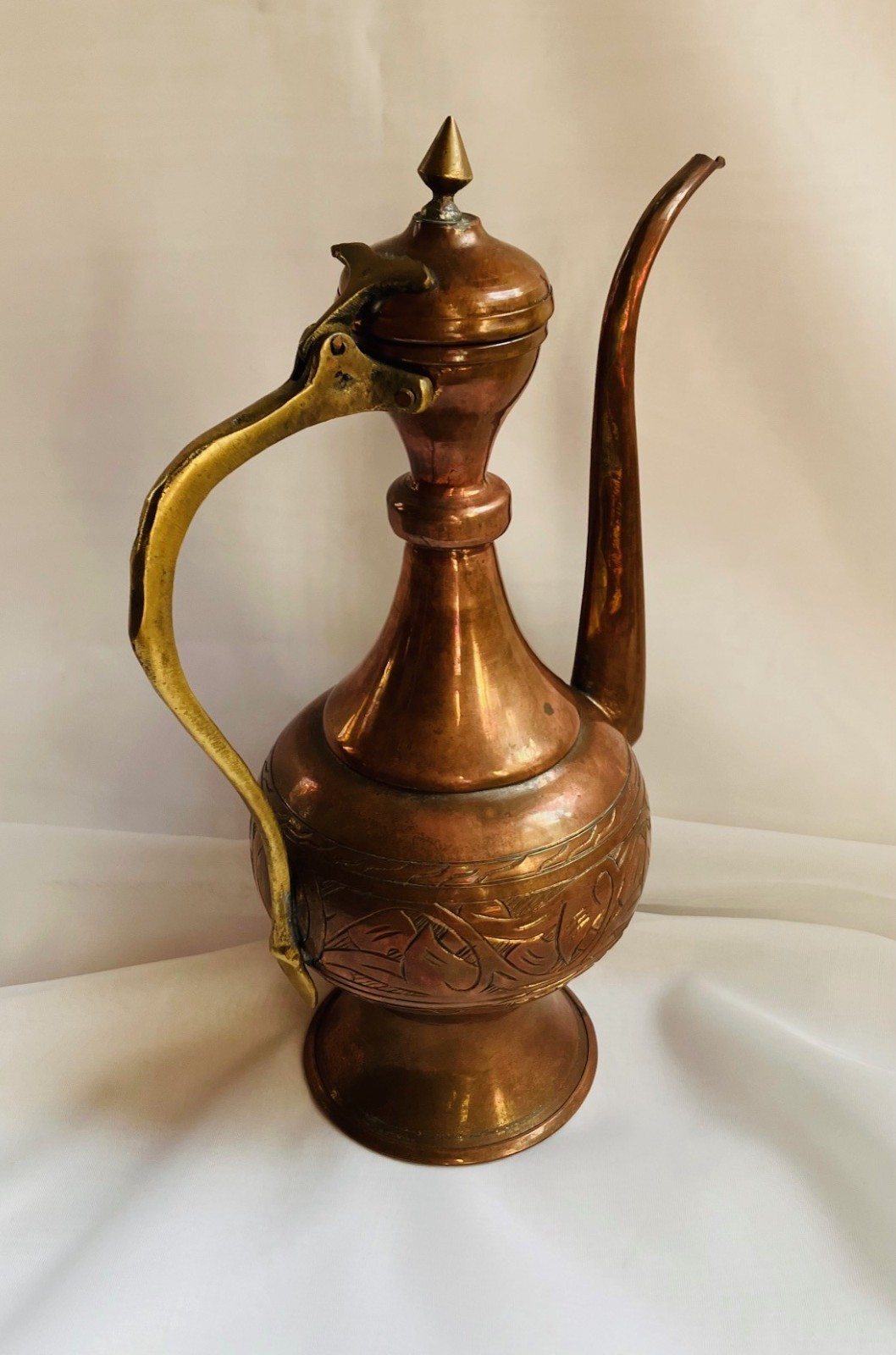 Vintage Islamic Middle Eastern Hand-forged and Engraved Copper Rosewater Ewer