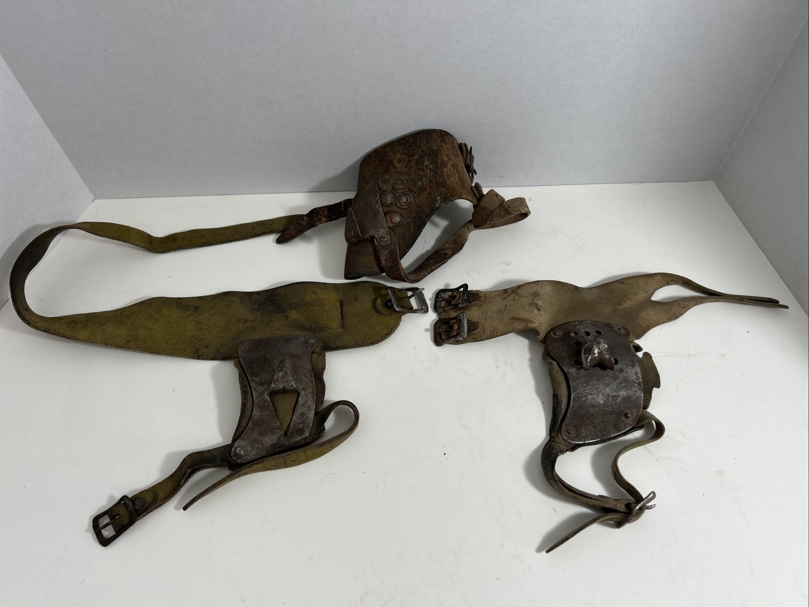 3 Antique Primitive Corn Husker Shucker Hand Farm Tool Metal Leather Vintage lot