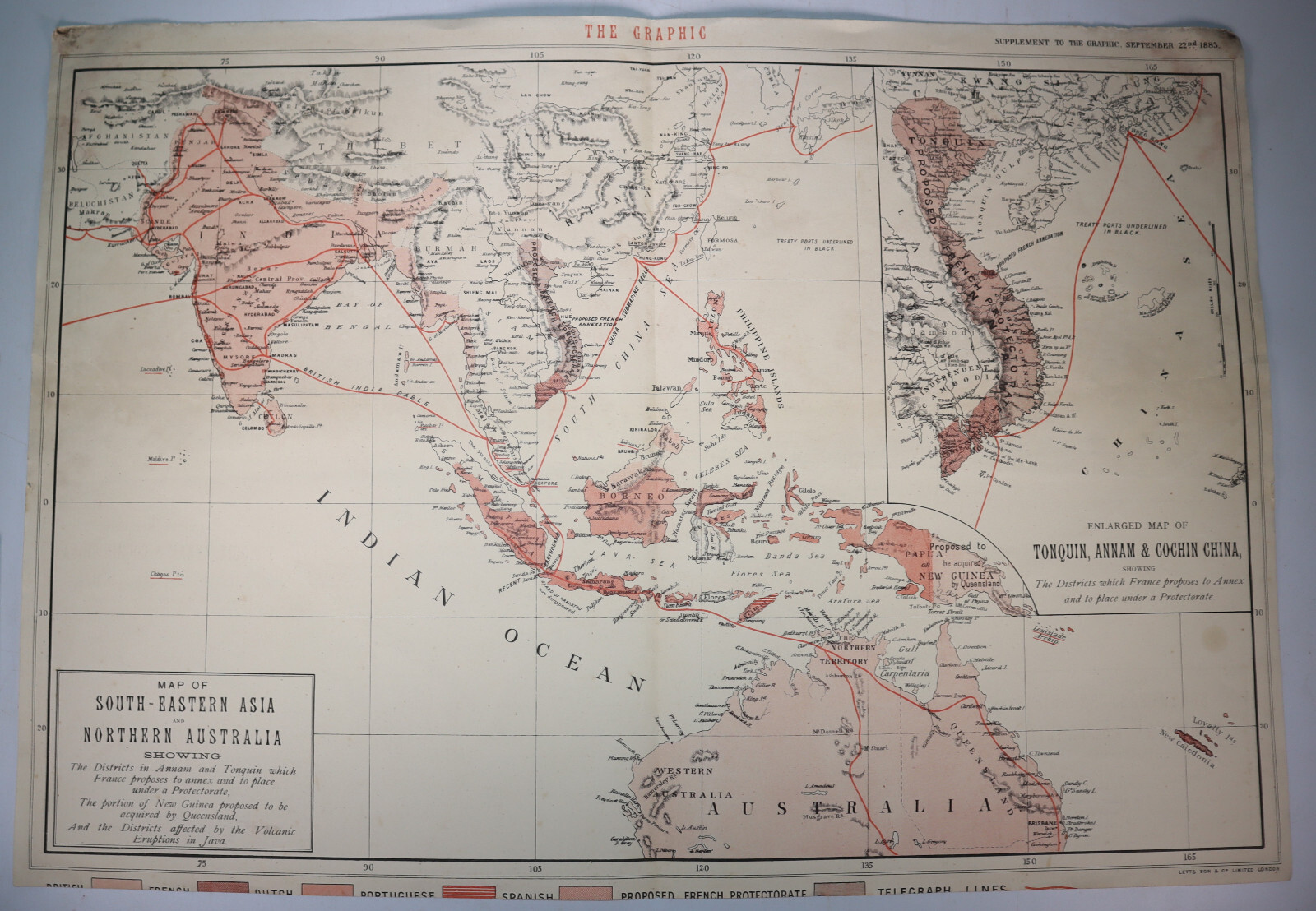 1883 MAP OF SOUTH-EASTERN ASIA AND NORTHERN AUSTRALIA Tonquin Annam Cochin China