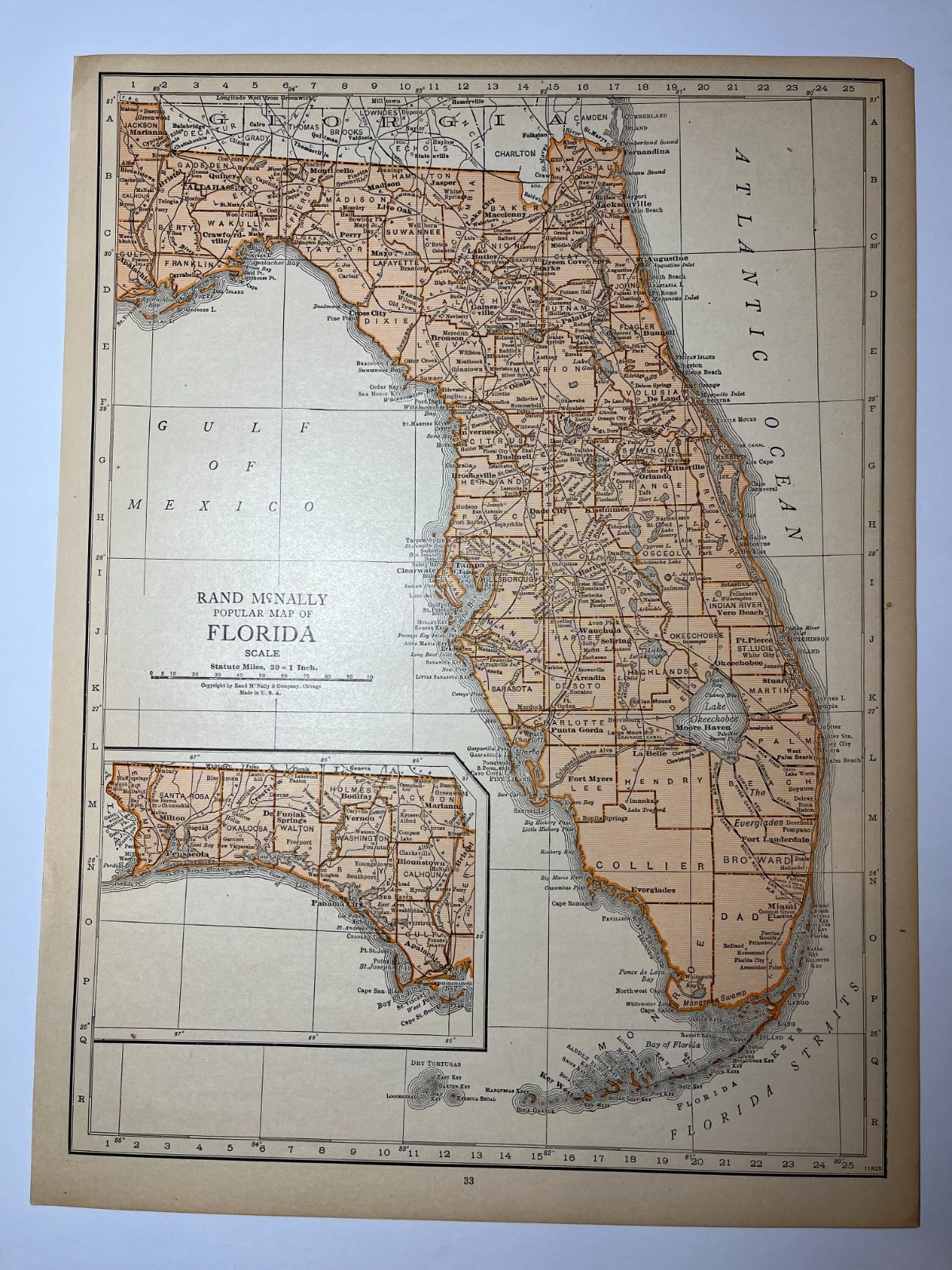 1925 “Copper” FLORIDA State Map fm 1925 Rand-McNally Atlas SEE DESCRIP