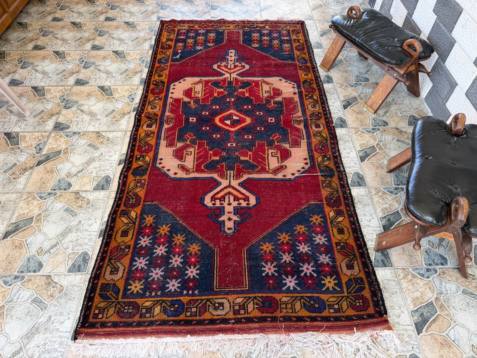 Distressed Vintage Turkish Tribal Runner Rug Handmade Anatolian Wool Hallway 4×8