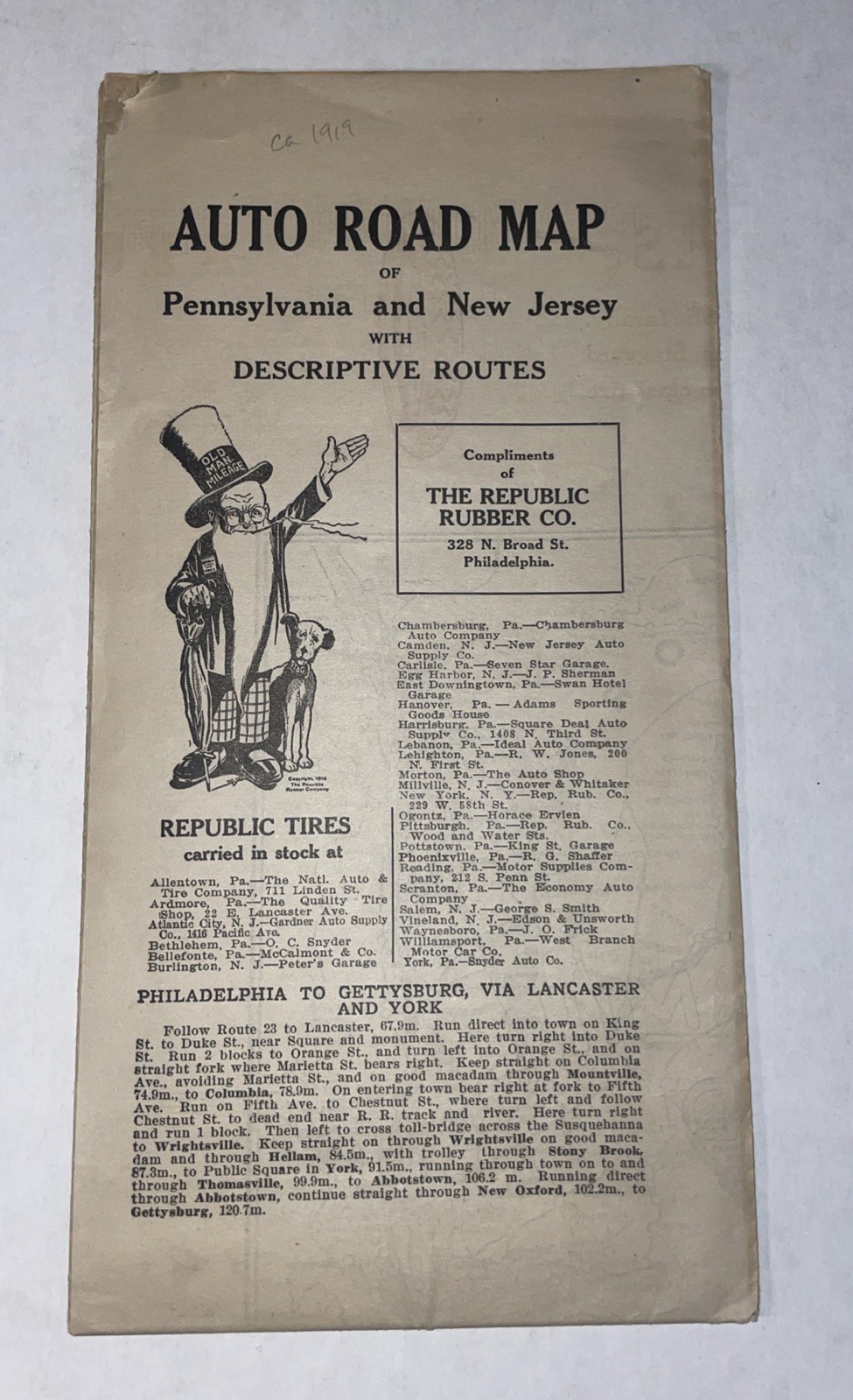 Antique 1919 Auto Road Map of Pennsylvania and New Jersey