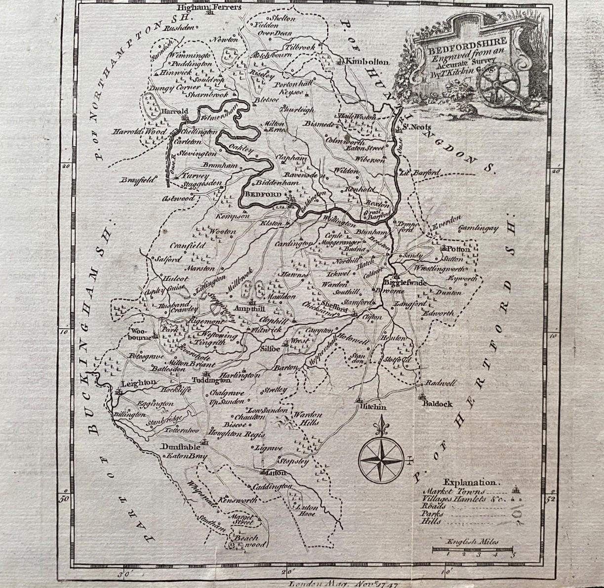 1747 Antique map – Bedfordshire – by Thomas Kitchin. London Magazine
