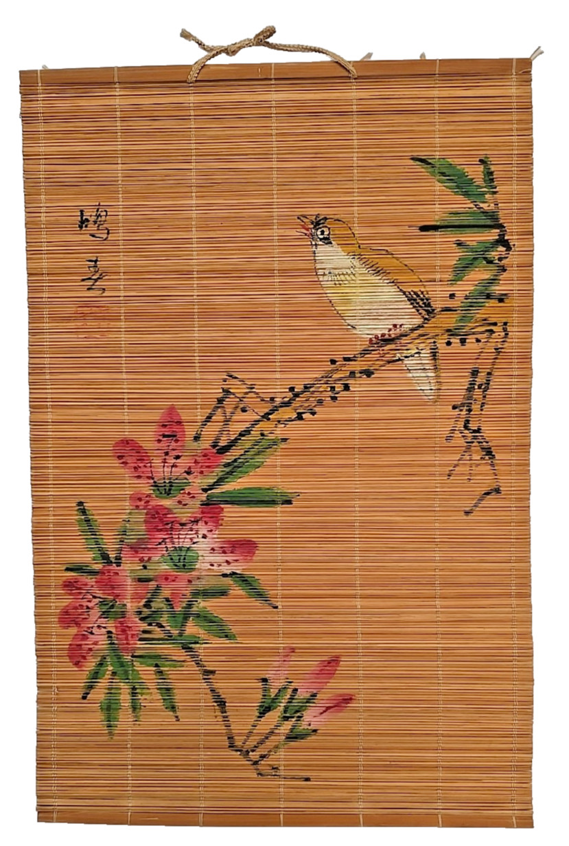 Painted Bamboo Wall Scroll Song Bird Flower Floral Wall Hanging 12 x 18”
