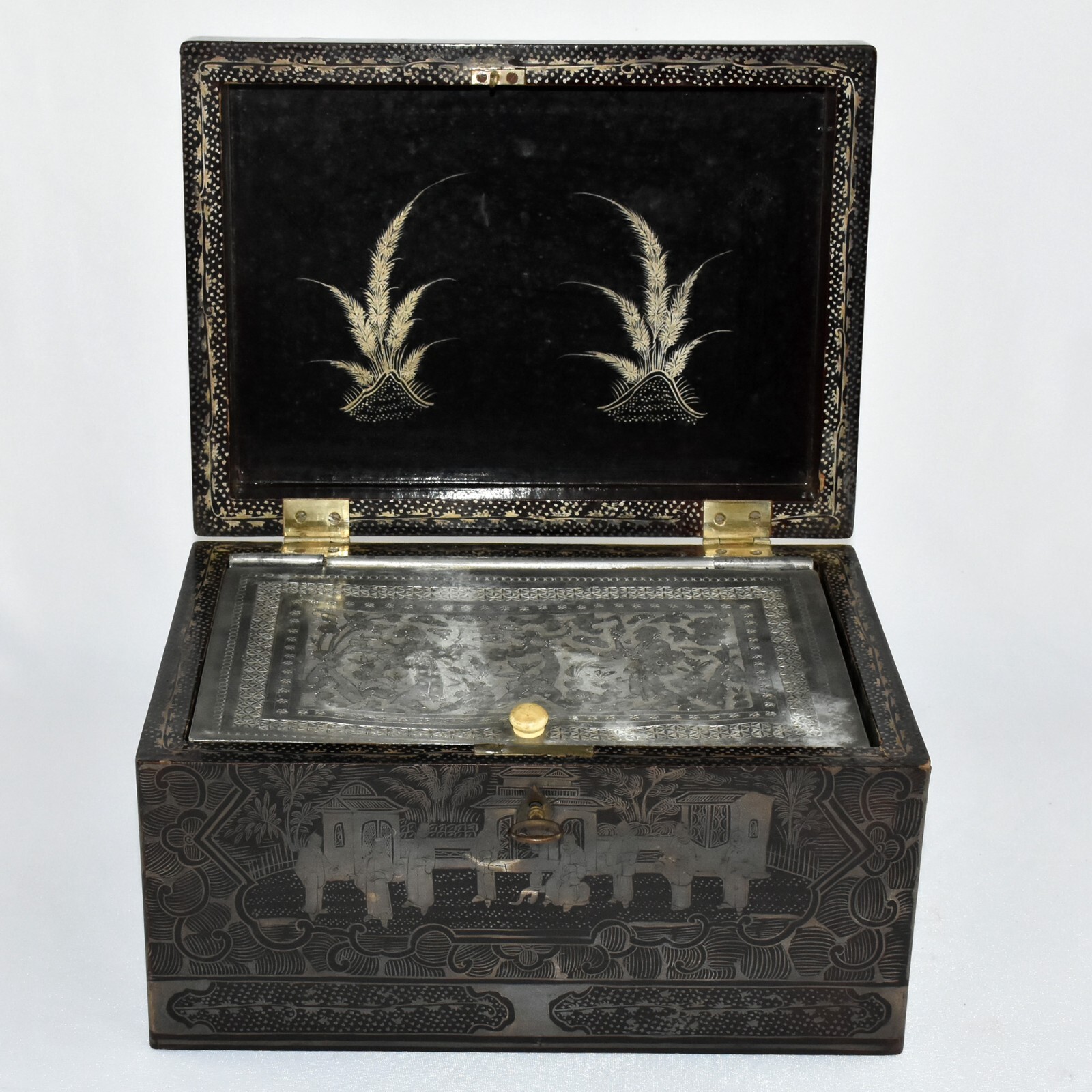 Chinese tea caddie black lacquered wood with silvered inlays, with removable box
