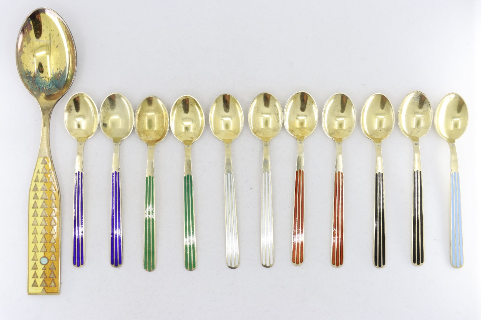 Gilded Sterling Silver & Enamel A. Michelsen Spoon Set of 12, Made in Denmark