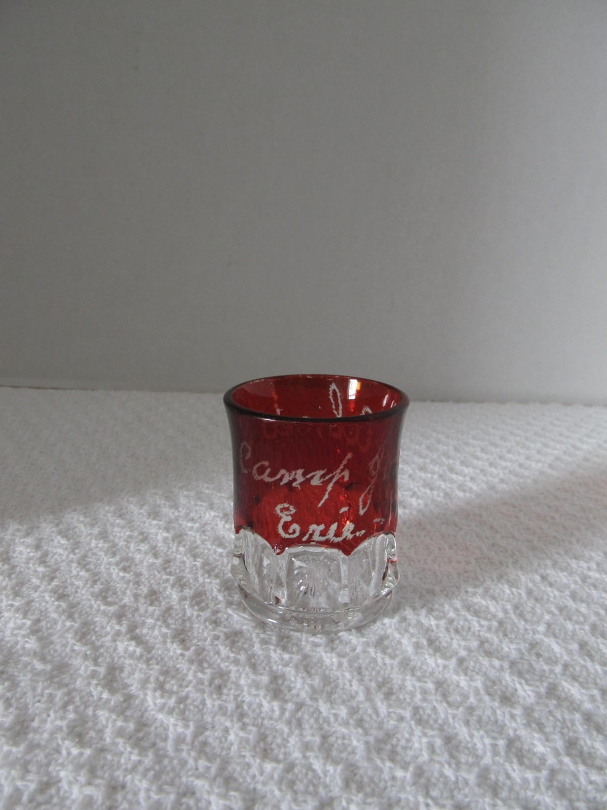 Antique Etched Jones Irma Ruby Flash Erie 1905 Souvenir Fair Red Shot Glass