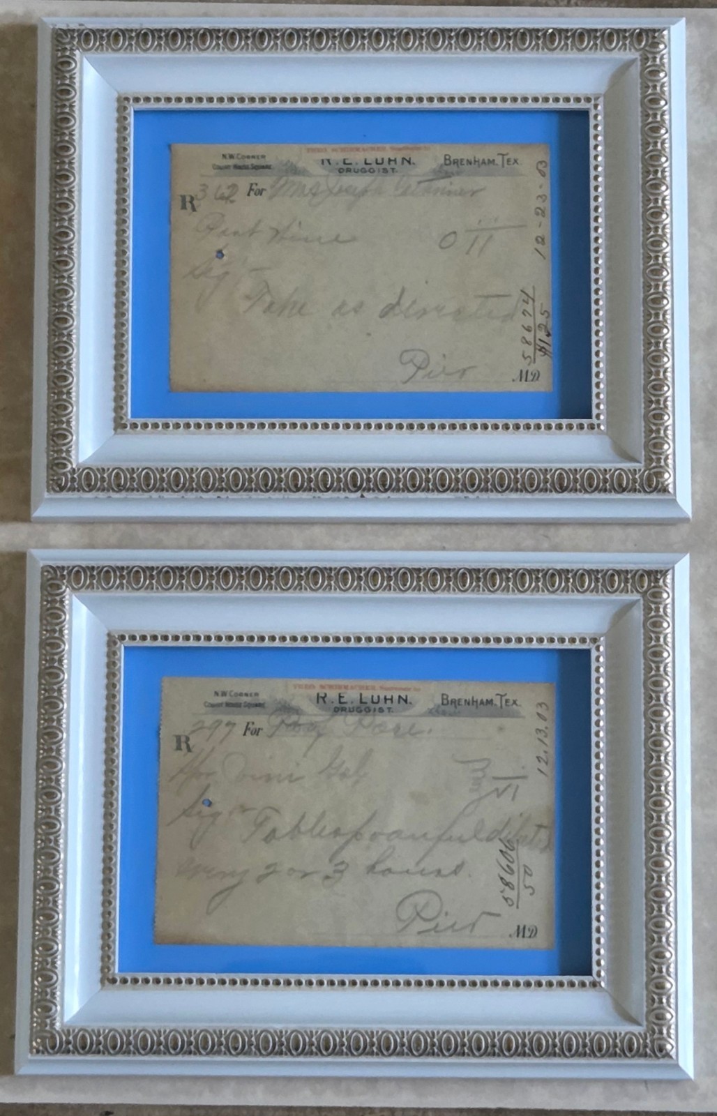 Antique 1903 Prescriptions for Port Wine & Brandy in Ornate Frames