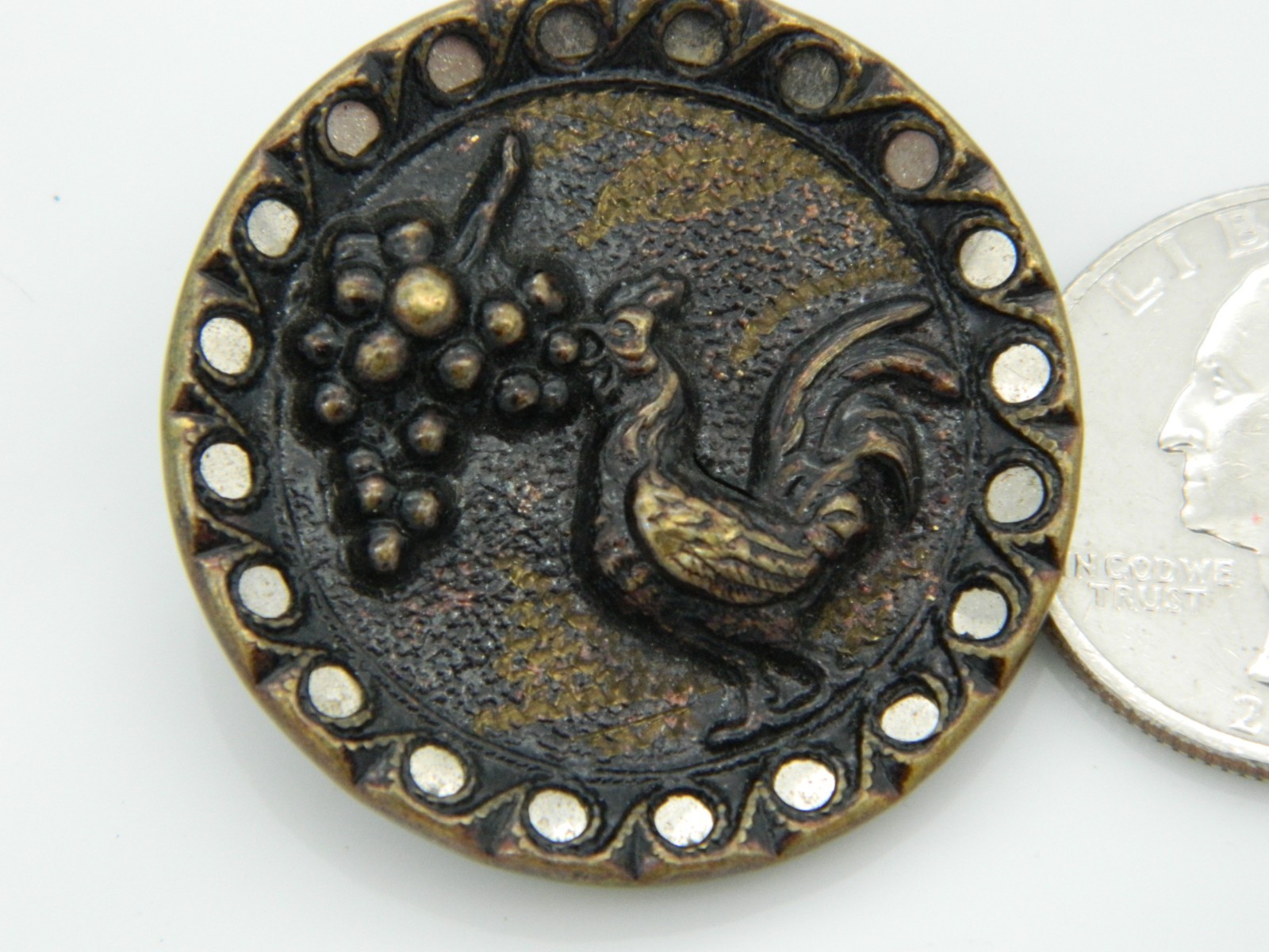 Antique Vintage Picture Button Rooster Eating Grape Pierced Twinkle Border 1.25″
