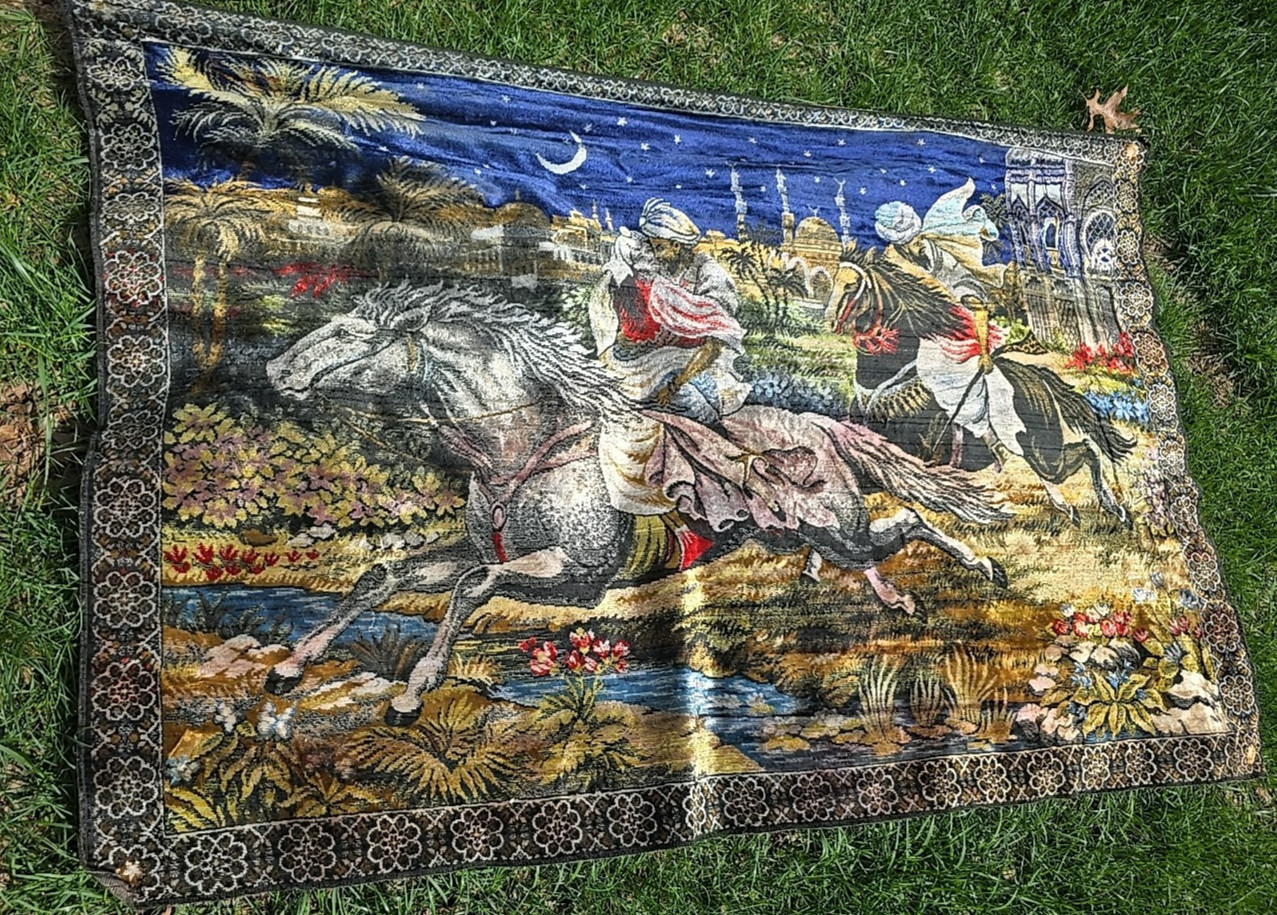 Vintage Arabian Night Knights Horse Velvet Wall Art Tapestry 65.5×44.5″