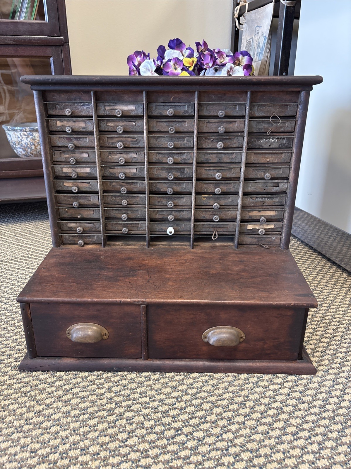 Antique Wooden Cabinet Letter Check File Drawers Industrial Register Desk Cubby