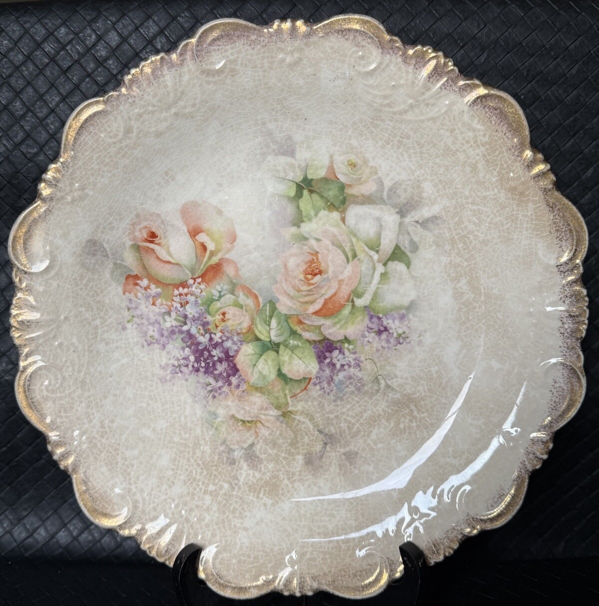 Antique Dresden c1910s Peach Roses Lilacs No Chips No Cracks Extensive Crazing