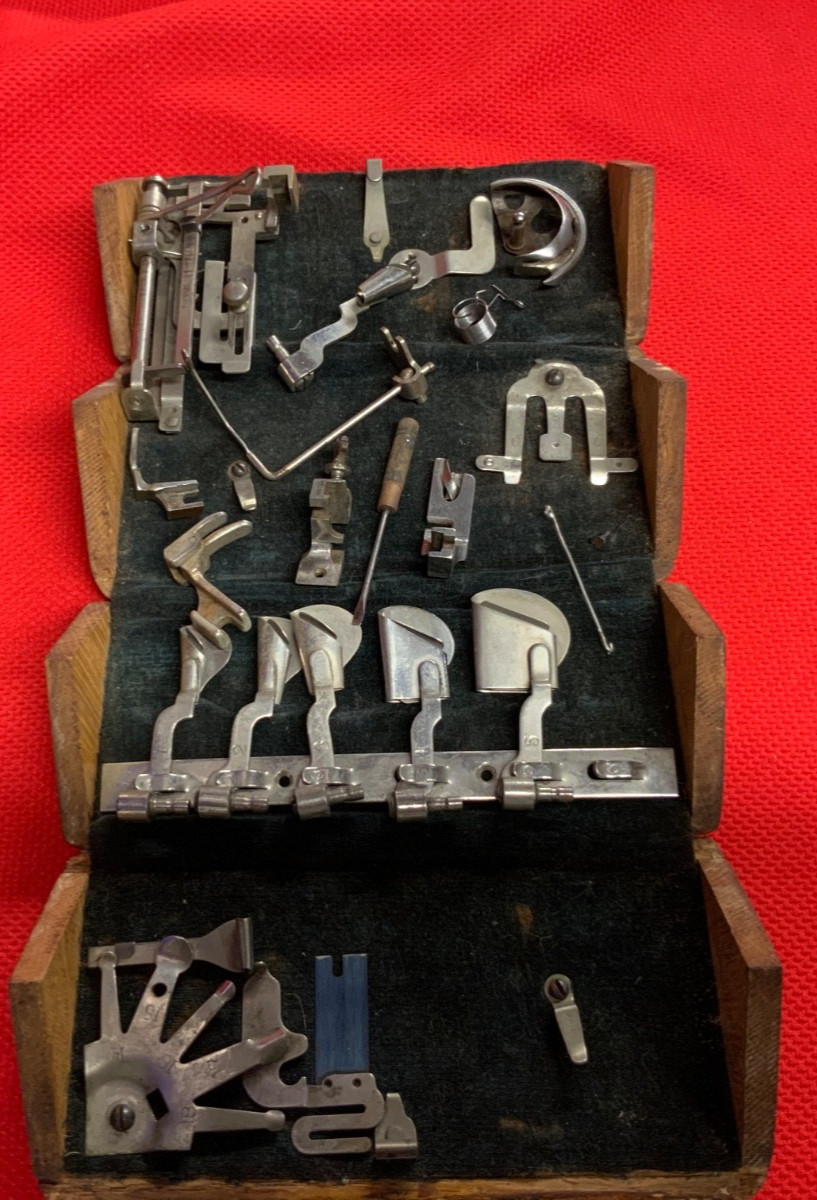 Singer Sewing Machine Folding Oak Puzzle Box & Machine Attachments