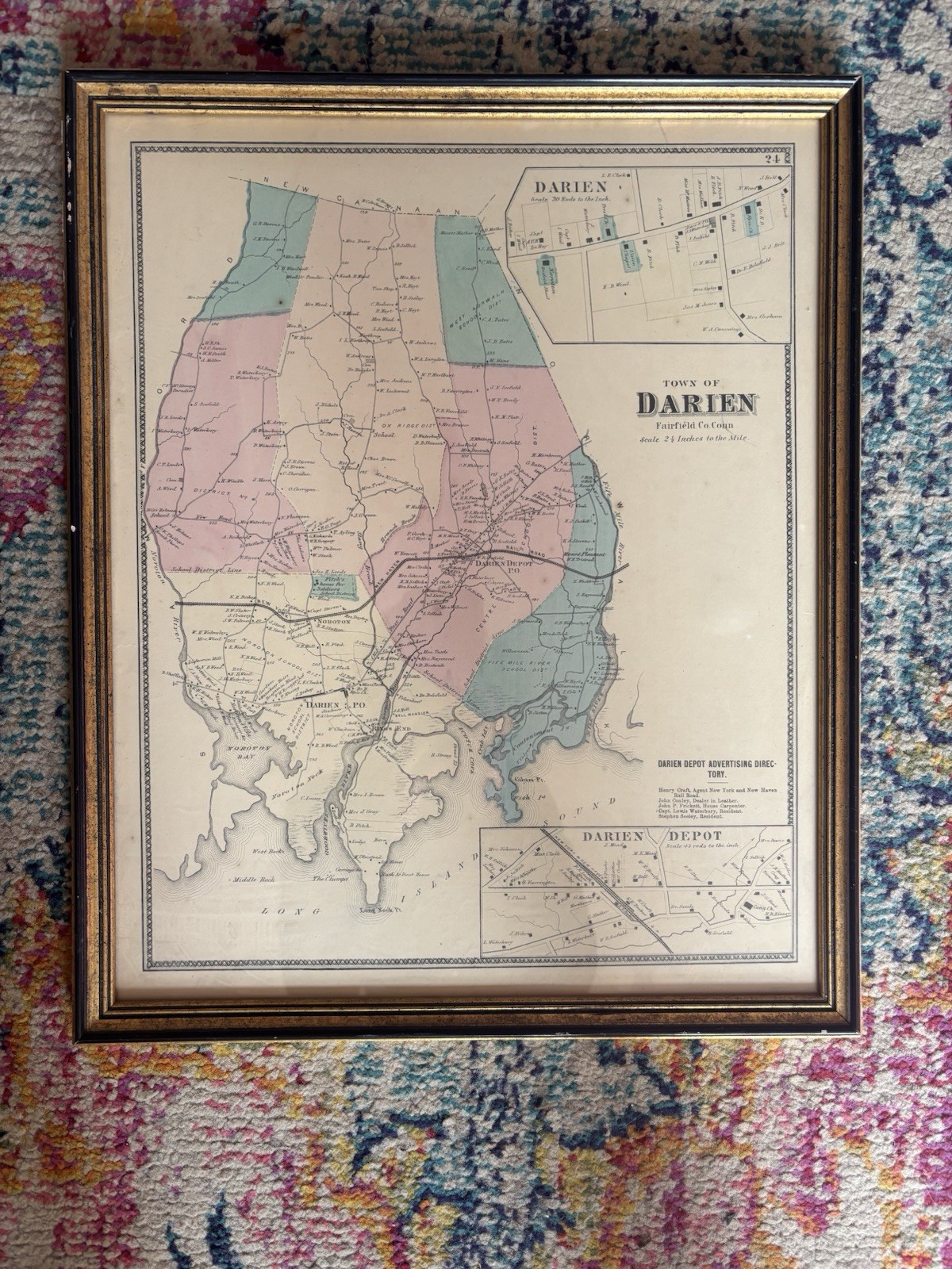 Antique 1867 F.W. Beers Map Darien CT Fairfield Co Hand-Colored Lithograph
