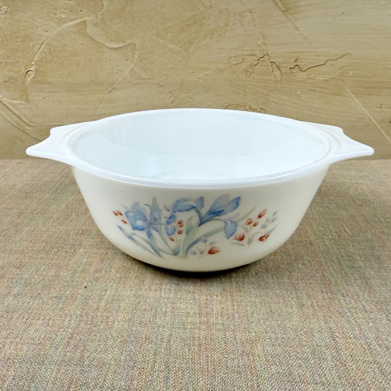 Pyrex England Blue Floral Casserole Bowl 8” Milk Glass Vintage Dish